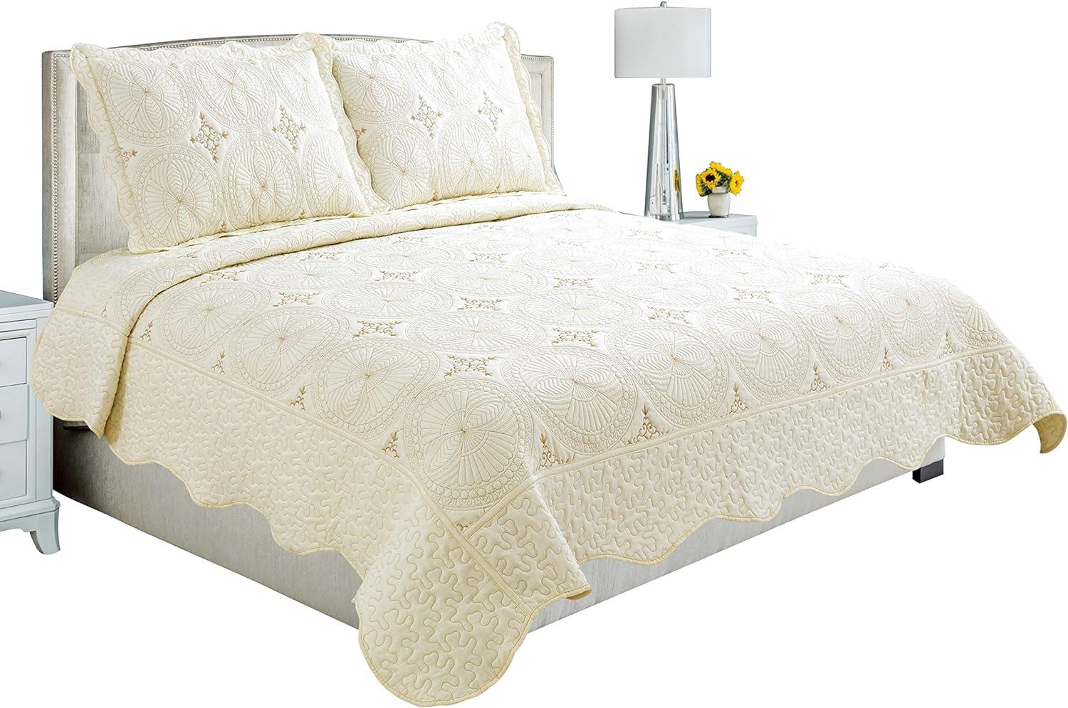 Cream Reversible Microfiber Queen Bedspread Set with Embroidered Stitching