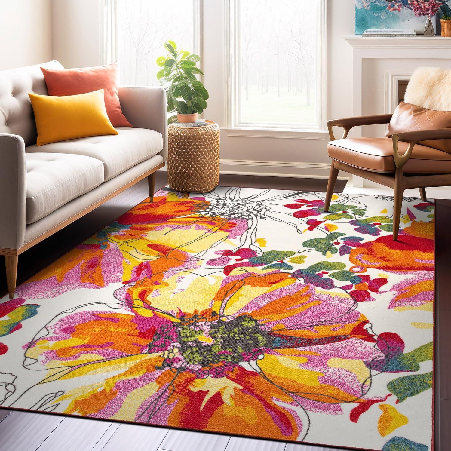 World Rug Gallery Modern Bright Flowers Non-Slip Area Rug