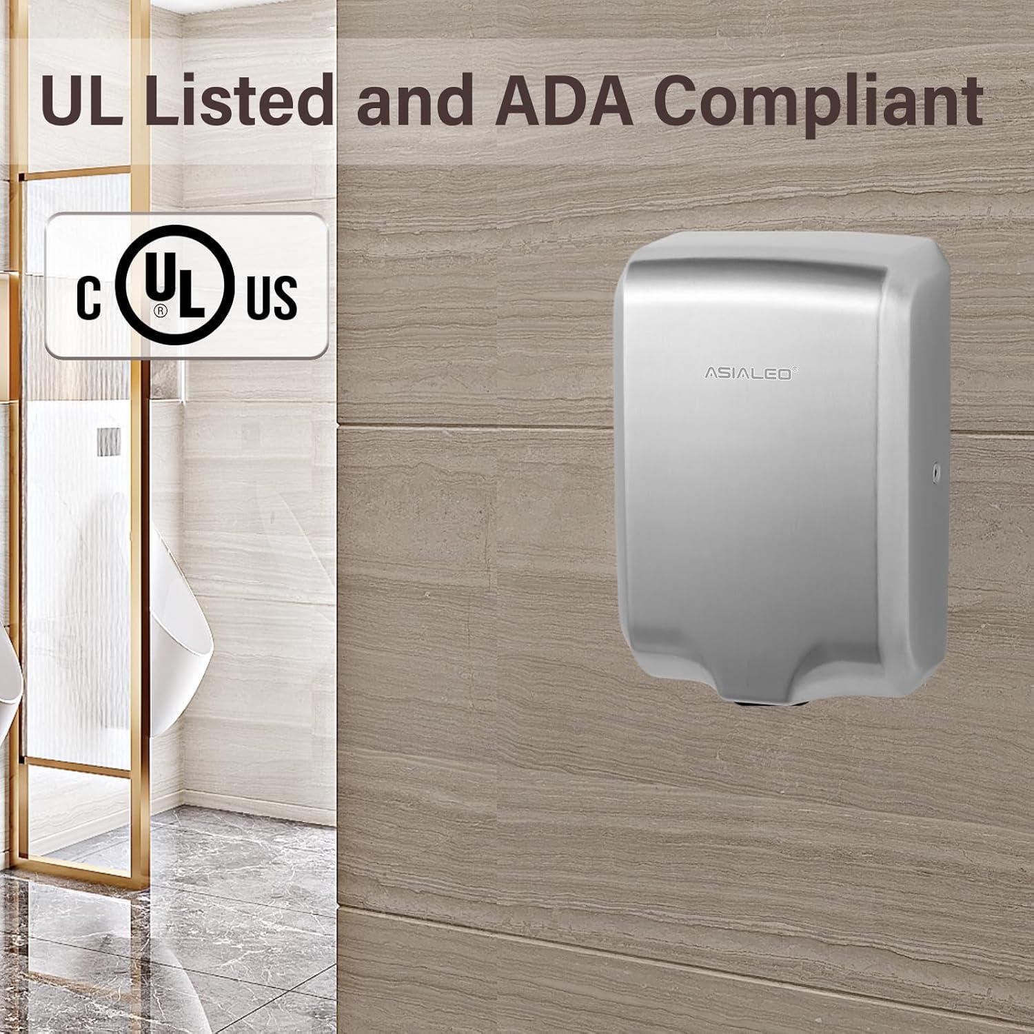 Hand Dryer for Bathroom Commerical,UL Listed and ADA Compliant Automatic Electric Plug in Hand Blower,Cold/Hot air switchable,High Speed 1000W,70dB,Brushed Stainless Steel Cover,Wall Mounted
