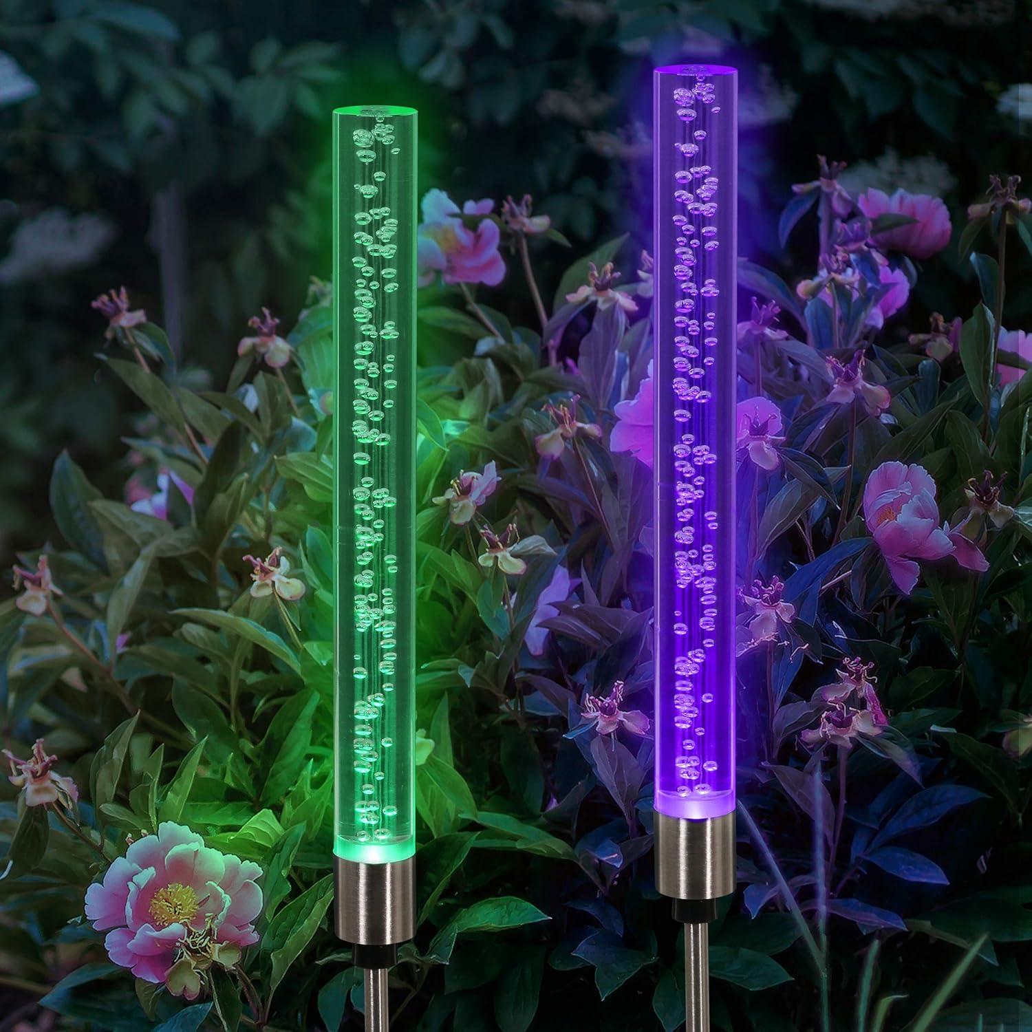 Exhart Two Color Changing Bubble Cylinder  Solar Powered Garden Stakes, 2.5x34 inches, Plastic (Outdoor Pathway Landscape Night Lights, For Home Garden, Patio, Yard, Home Decoration), Clear