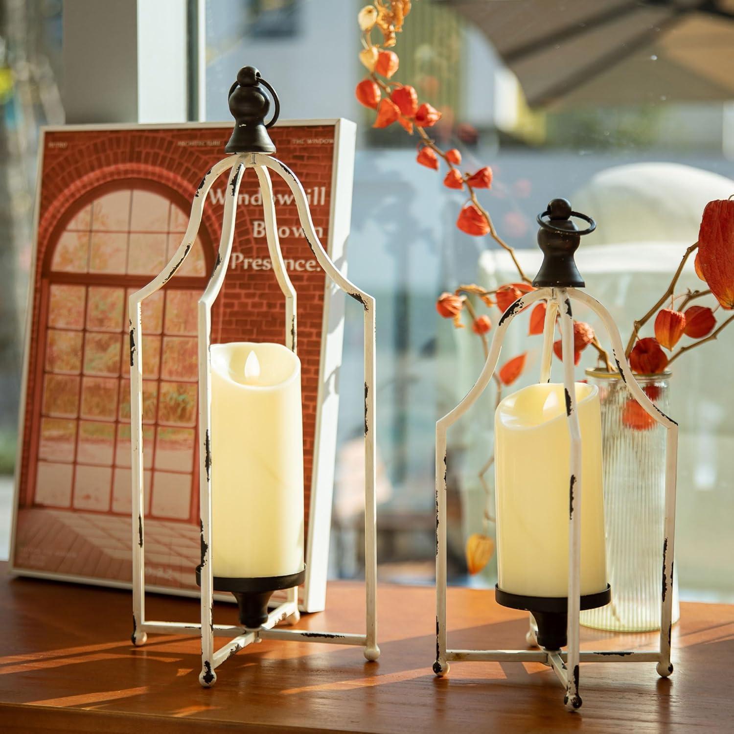 HPC Decor Lanterns Decorative for Home Decor- 16.5''13'' White Metal Candle Lanterns Set of 2- Modern Farmhouse Lantern Decor for Outdoor, Indoor, Living Room, Dining Table or Fireplace Mantle Decor