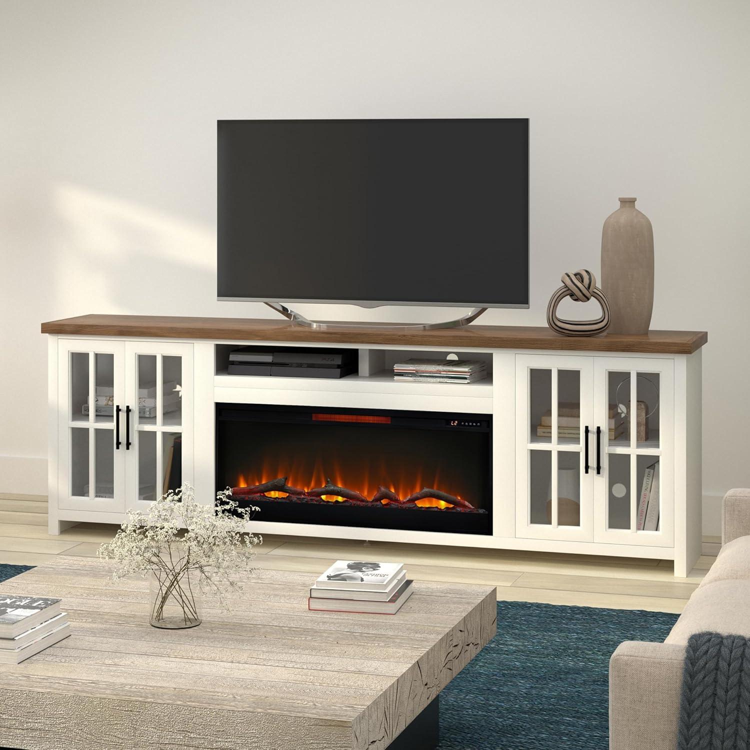 Hampton 97" White Wood Fireplace TV Stand with Cabinets