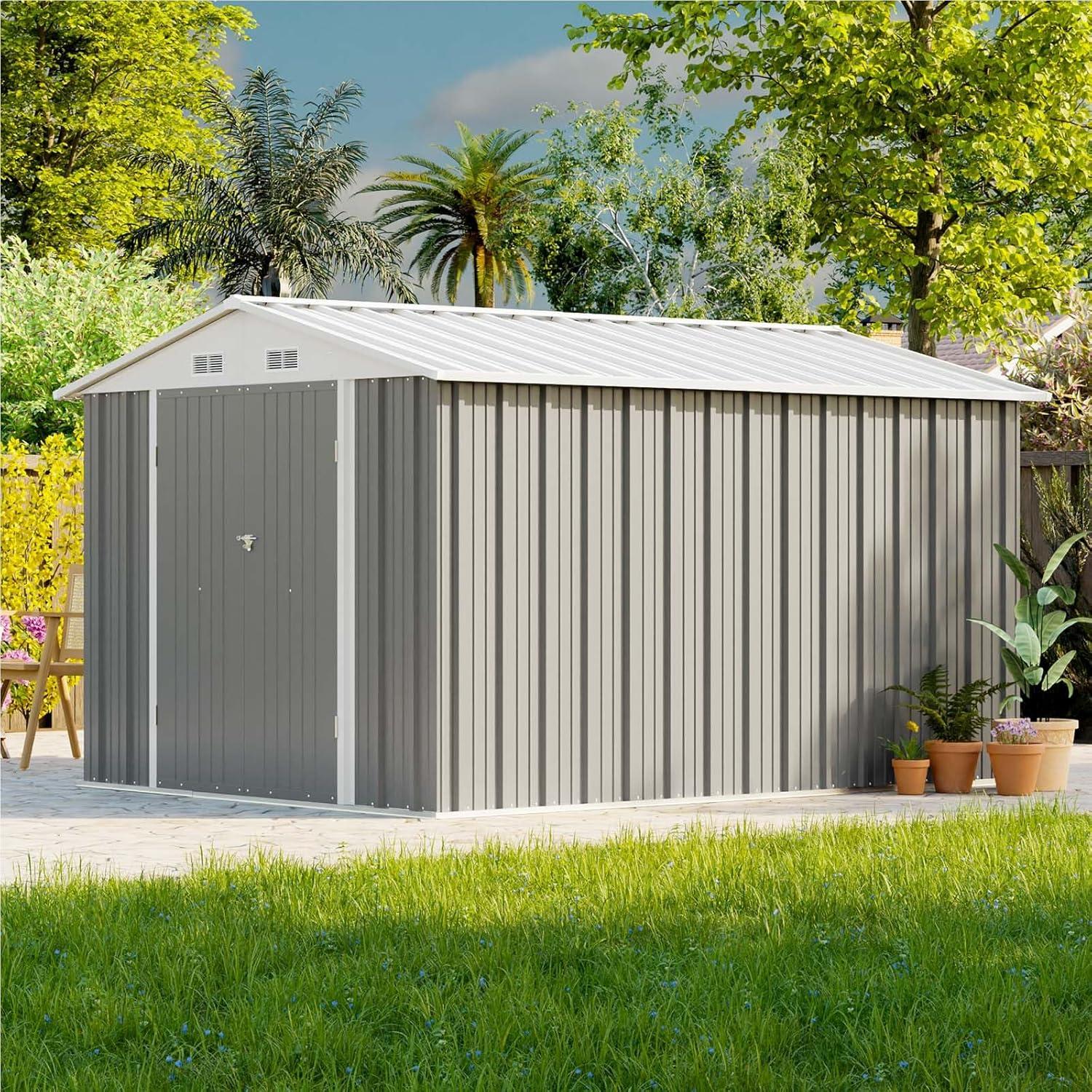 Patiowell 8' x 10' Outdoor Storage Shed, Large Garden Tool Metal Shed with Sloping Roof and Double Lockable Door, Outdoor Shed for Backyard Garden Patio Lawn, Brown