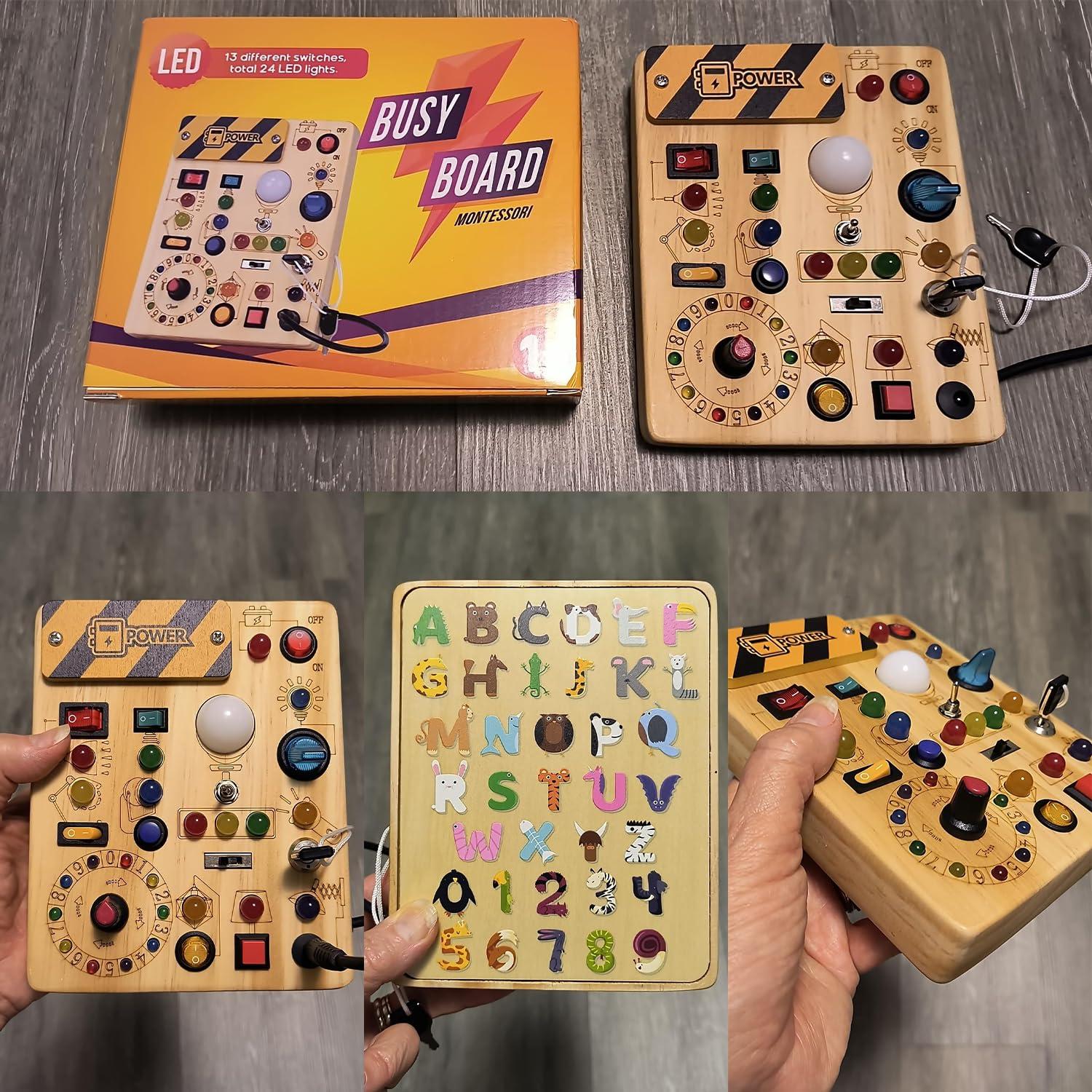 RichBoy Busy Board for 1-3 Year Old, LED Light Sensory Toys for Kids with Autism, Wooden Fine Motor Skills Montessori Toys, Toddlers Birthday Gift (Activity Sturdy, Well-Made)