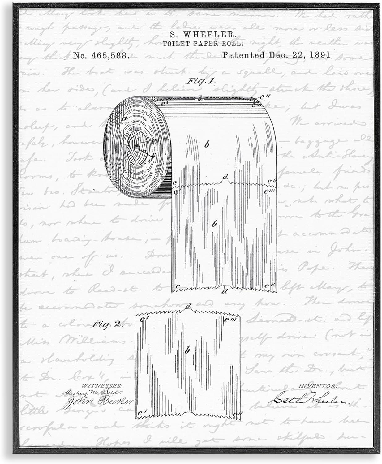 Stupell Industries Toilet Paper Roll Patent Black And White Bathroom Design Framed Wall Art by Lettered and Lined