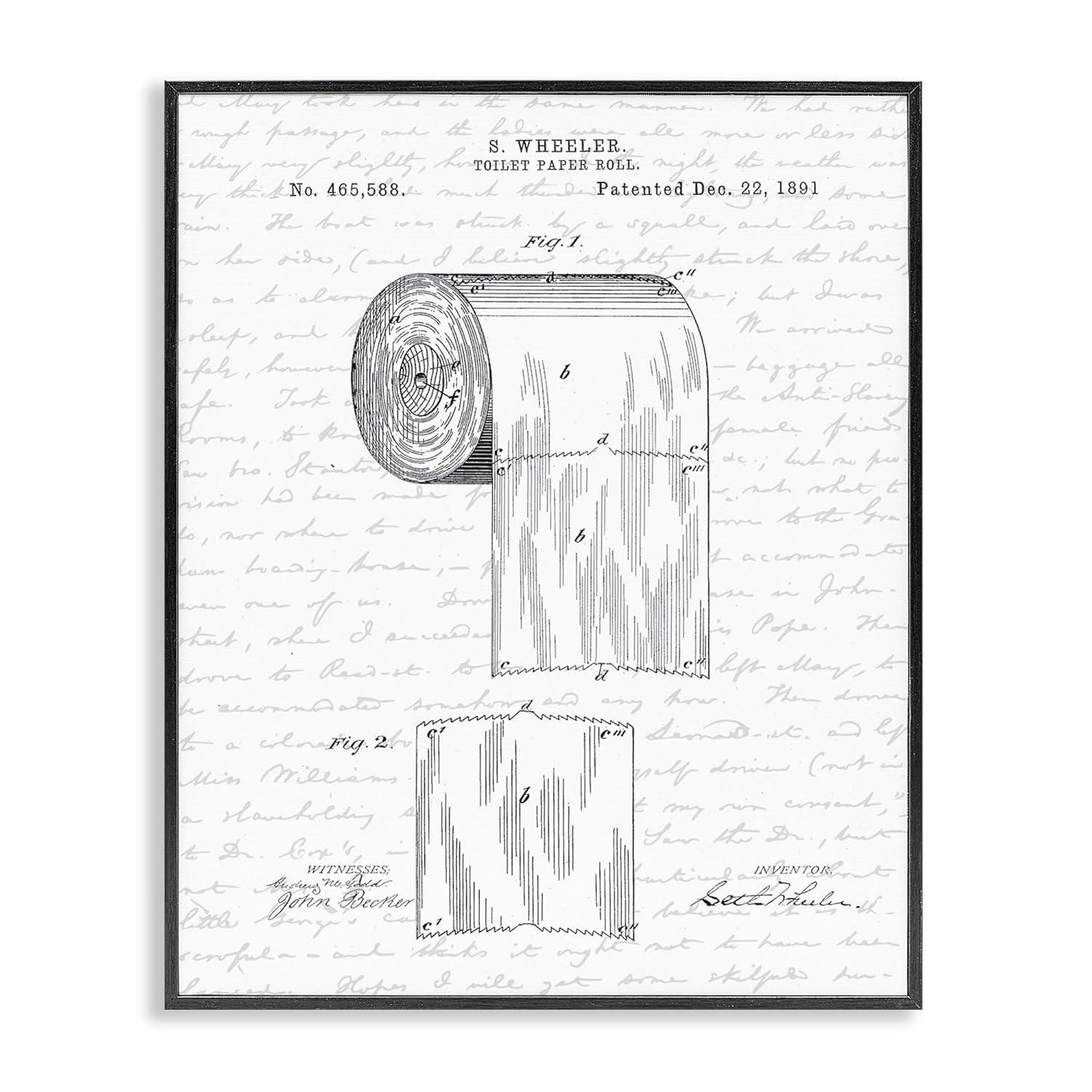 Stupell Industries Toilet Paper Roll Patent Black And White Bathroom Design Framed Wall Art by Lettered and Lined
