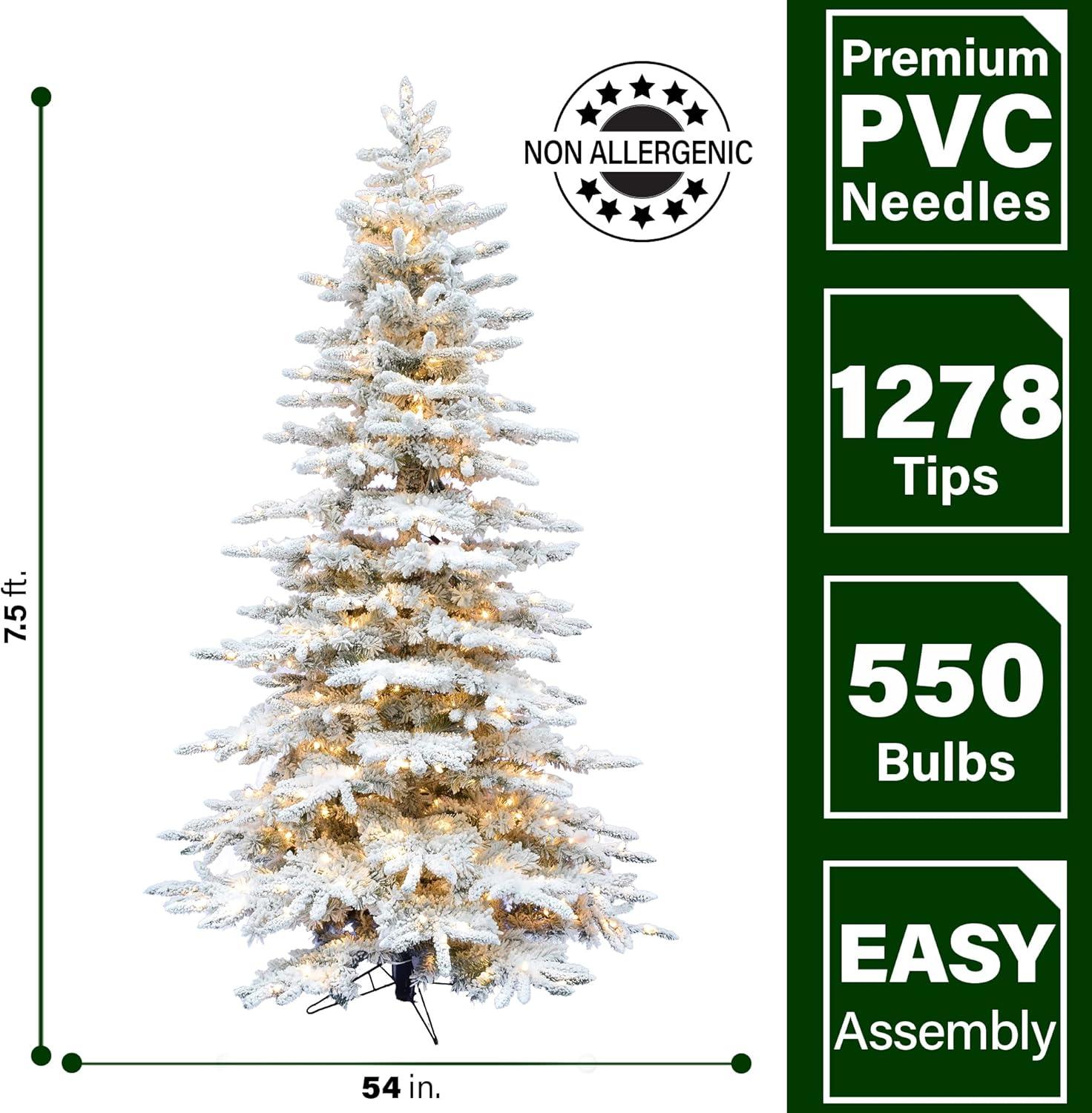Fraser Hill Farm Fraser Hill Farm Flocked Mountain Pine Christmas Tree with LED Lights