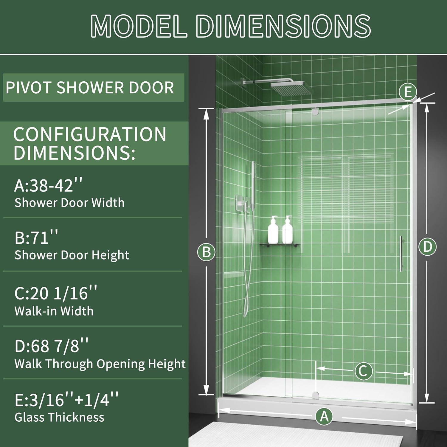 38-42" W x 71" H Piovt Swing Glass Shower Door,Pivot Semi-Frameless Glass Shower Door with 1/4"(6mm) Clear SGCC Tempered Glass,Chrome Finish Shower Doors,Reversible Installation