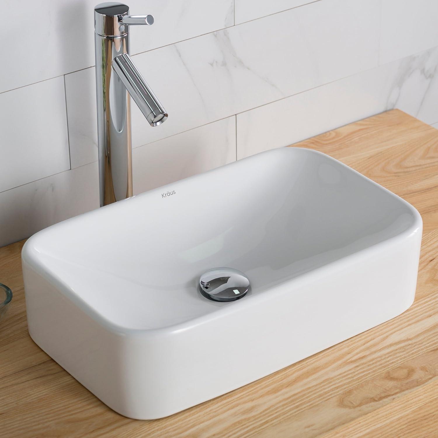 White Ceramic Rectangular Above-Counter Vessel Sink