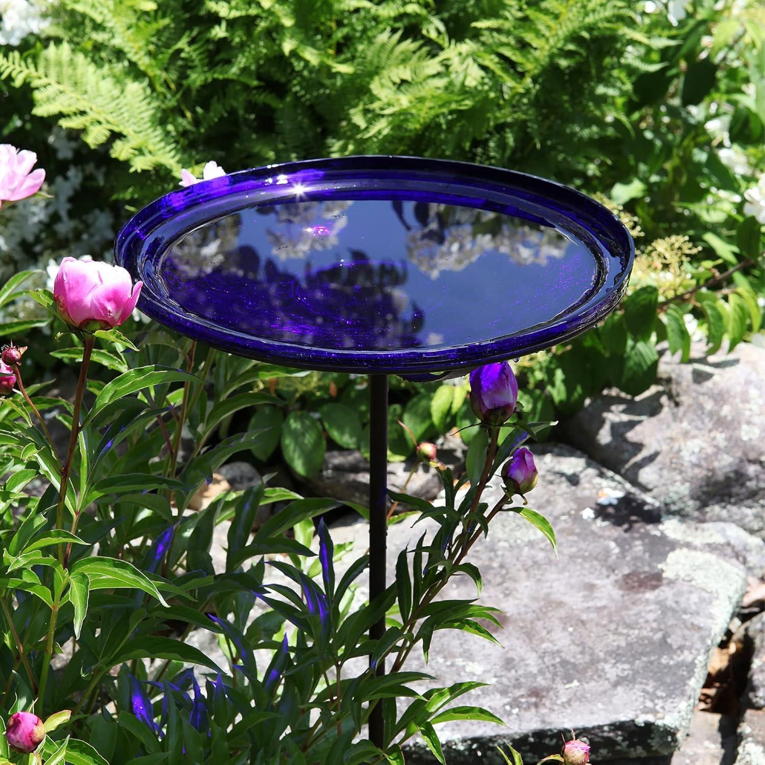 Achla Designs Crackle Glass Birdbath Bowl with Stake, 14-in, Cobalt Blue