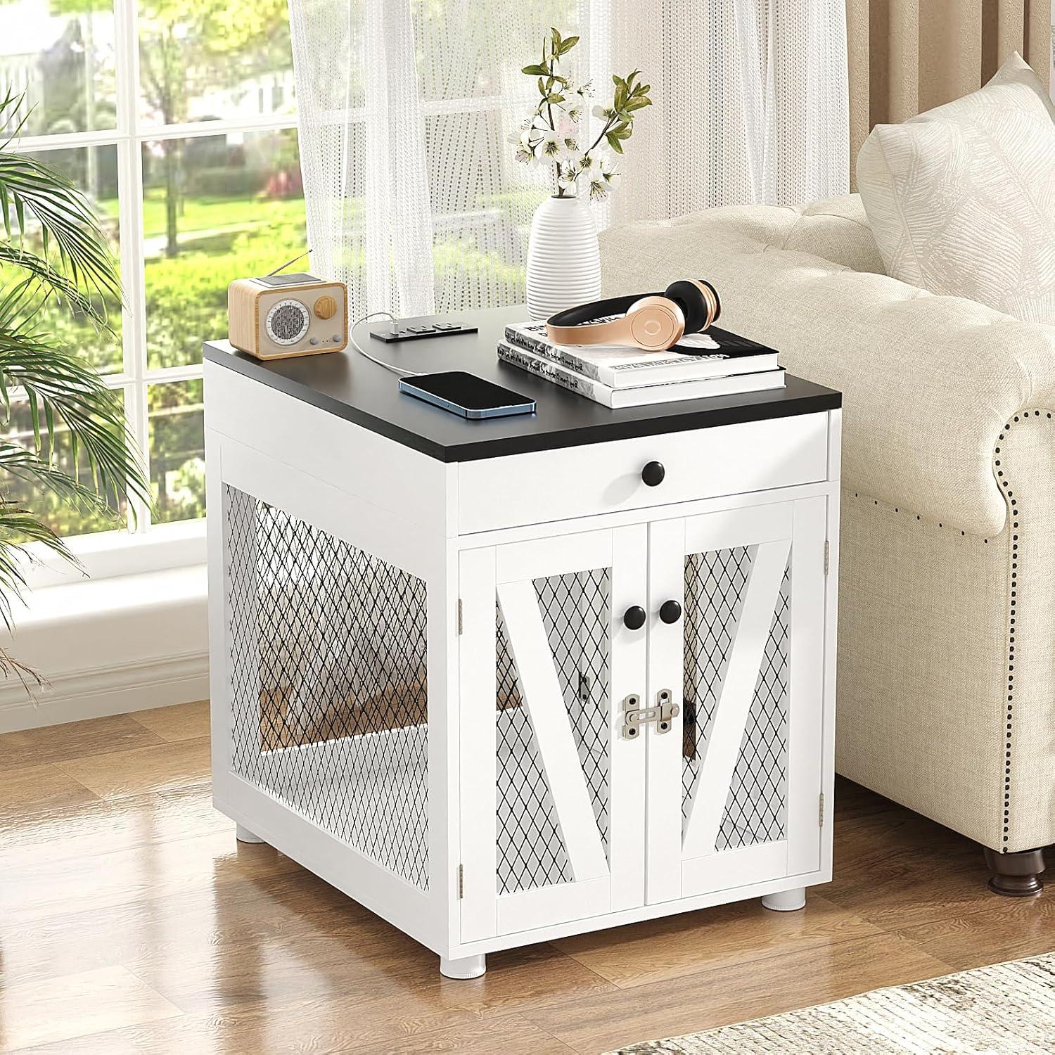 Tucker Murphy Pet™ Dog Crate Furniture, Wooden Dog Kennel End Table with USB Charging Station, Storage Drawer, Double Latched Door, Farmhouse Furniture-Style Crate Side Table for Dogs Under 40 lbs, Indoor Use