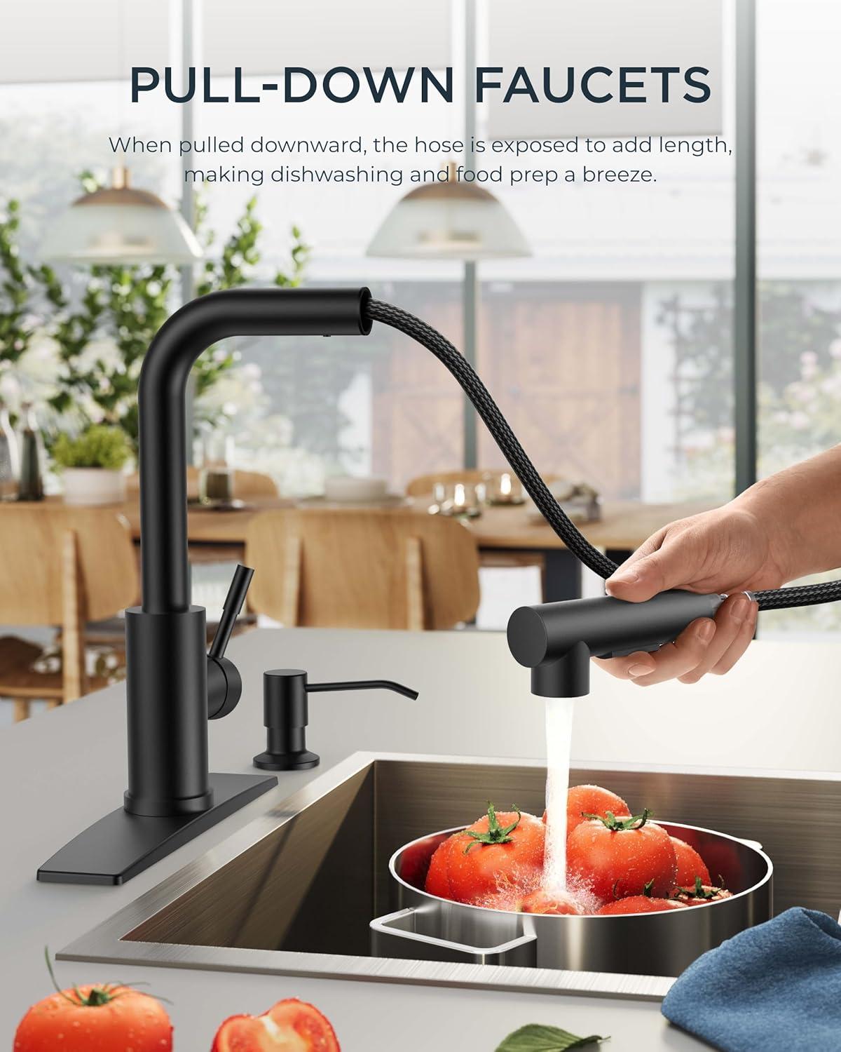 Matte Black Stainless Steel Pull Down Kitchen Faucet with Soap Dispenser