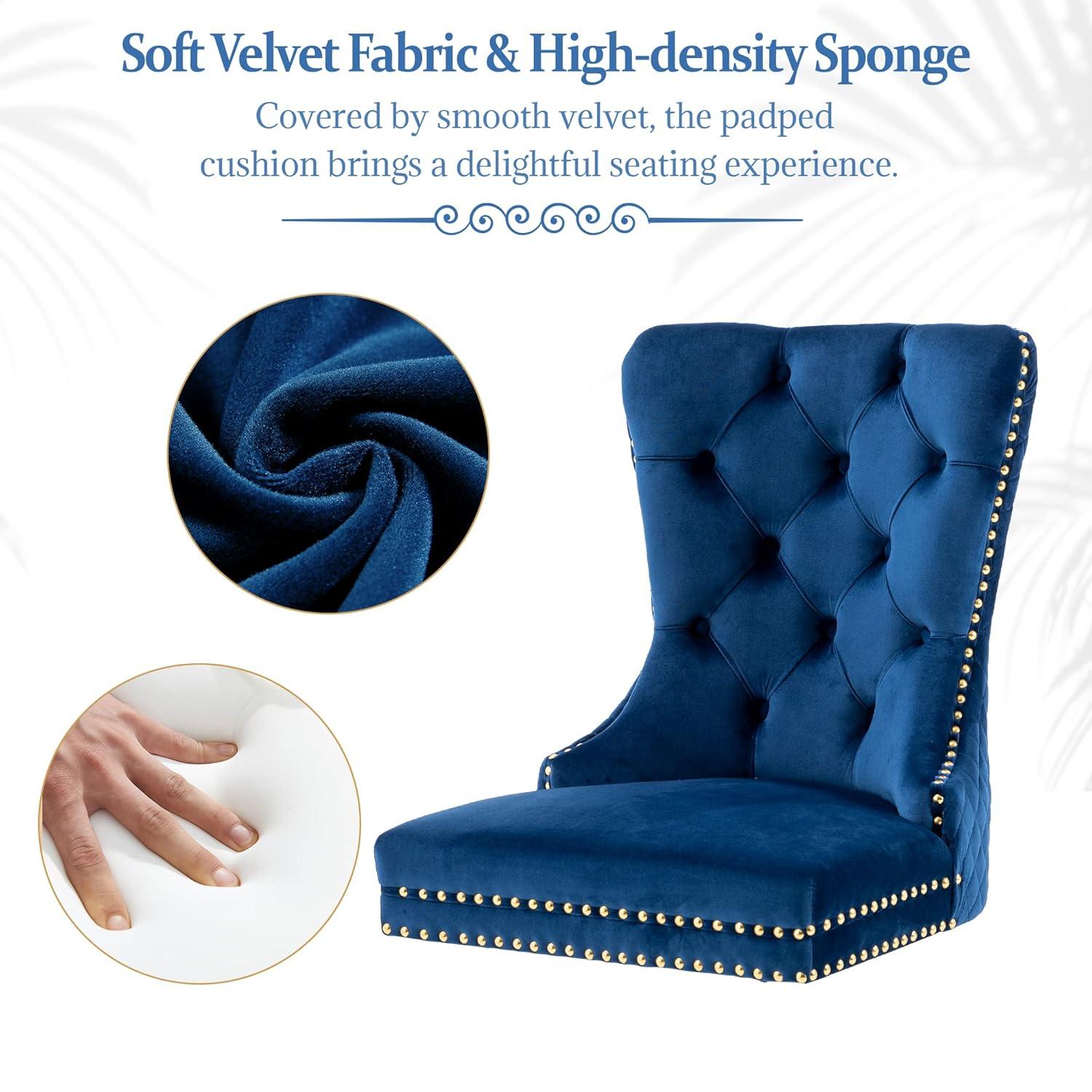 Velvet Upholstered Dining Chairs, Set of 2, Dining Room Tufted Chair, Modern Button Tufted Armless Chairs with Nailhead Trim and Back Ring Pull, Gold Legs, for Dining Room, Kitchen, Navy