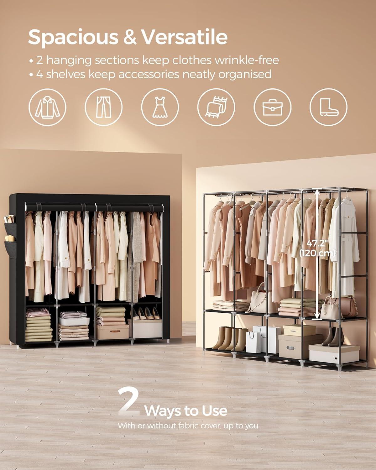 SONGMICS Portable Closet, Wardrobe Closet Organizer with Cover, 4 Hanging Rods and Shelves, 4 Side Pockets, 17.7 x 66.9 x 65.7 Inches, Large Capacity for Bedroom, Living Room, Ink Black URYG094B02
