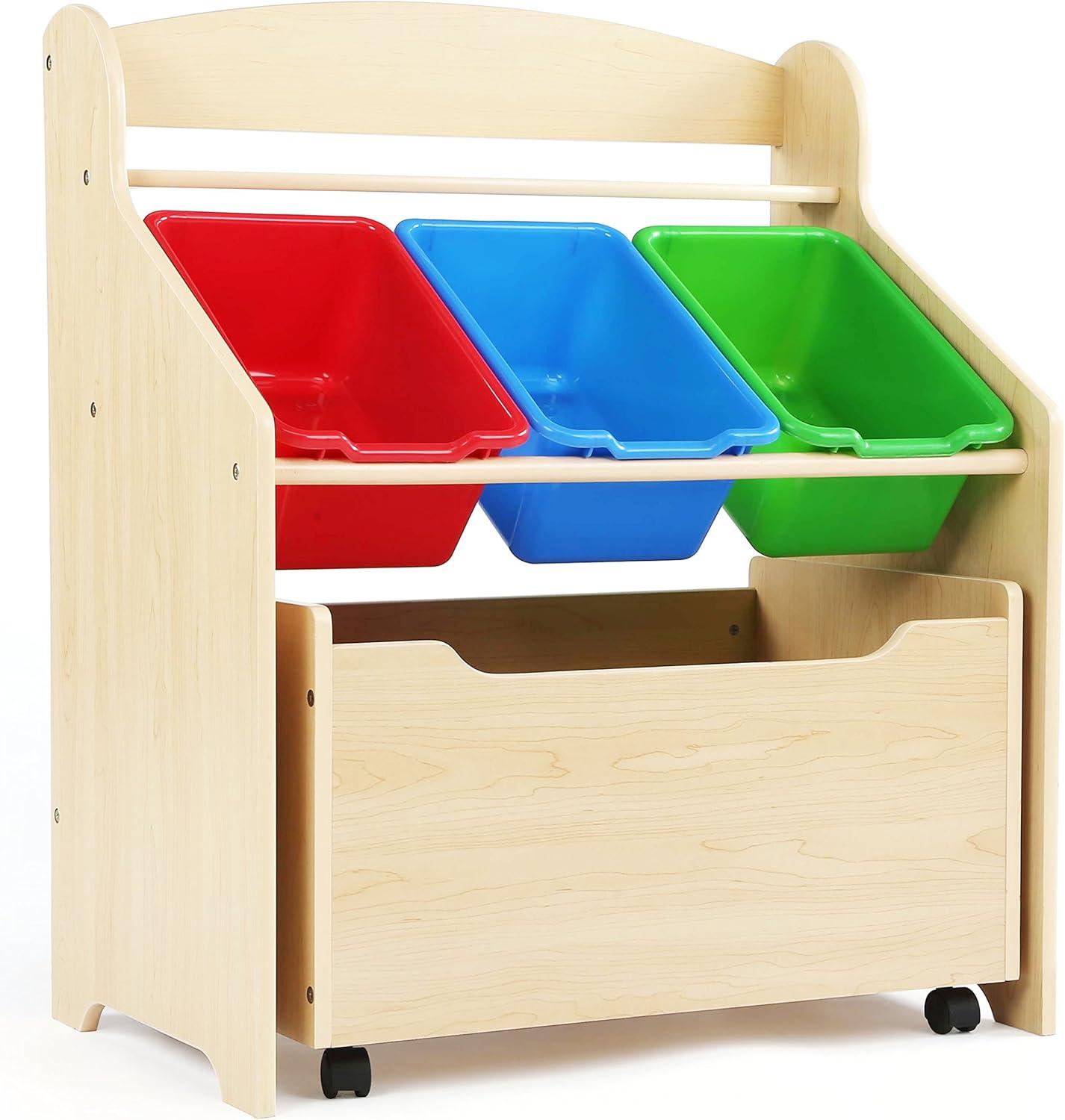 Natural Wood and Primary Colors Toddler Storage Organizer with Rolling Toy Box