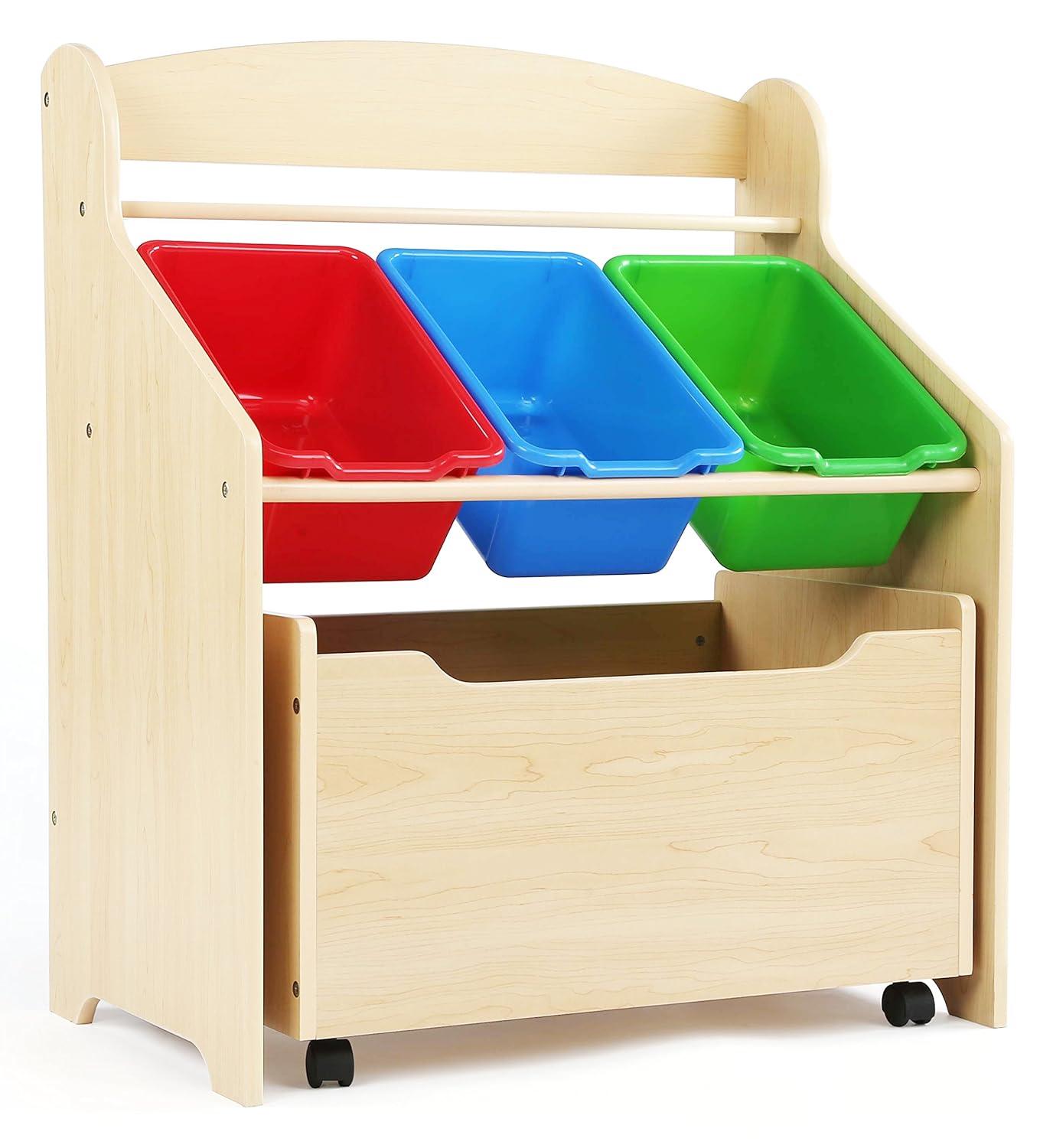 Humble Crew 3-in-1 Toddler-Size Storage Organizer with Rolling Toy Box, Plastic Bins, Natural/Primary