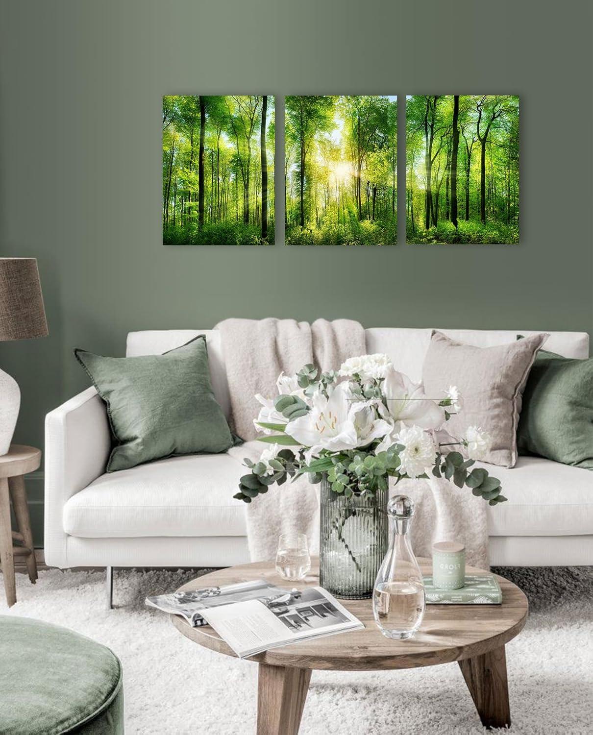 Forest Art Canvas Wall Decor: 3 Panel Nature Wall Art Landspace Paintings Framed Trees Green Pictures Sunrise Scenery Wall Decor for Living Room Bedroom Office Bathroom 12 x 16 Inch