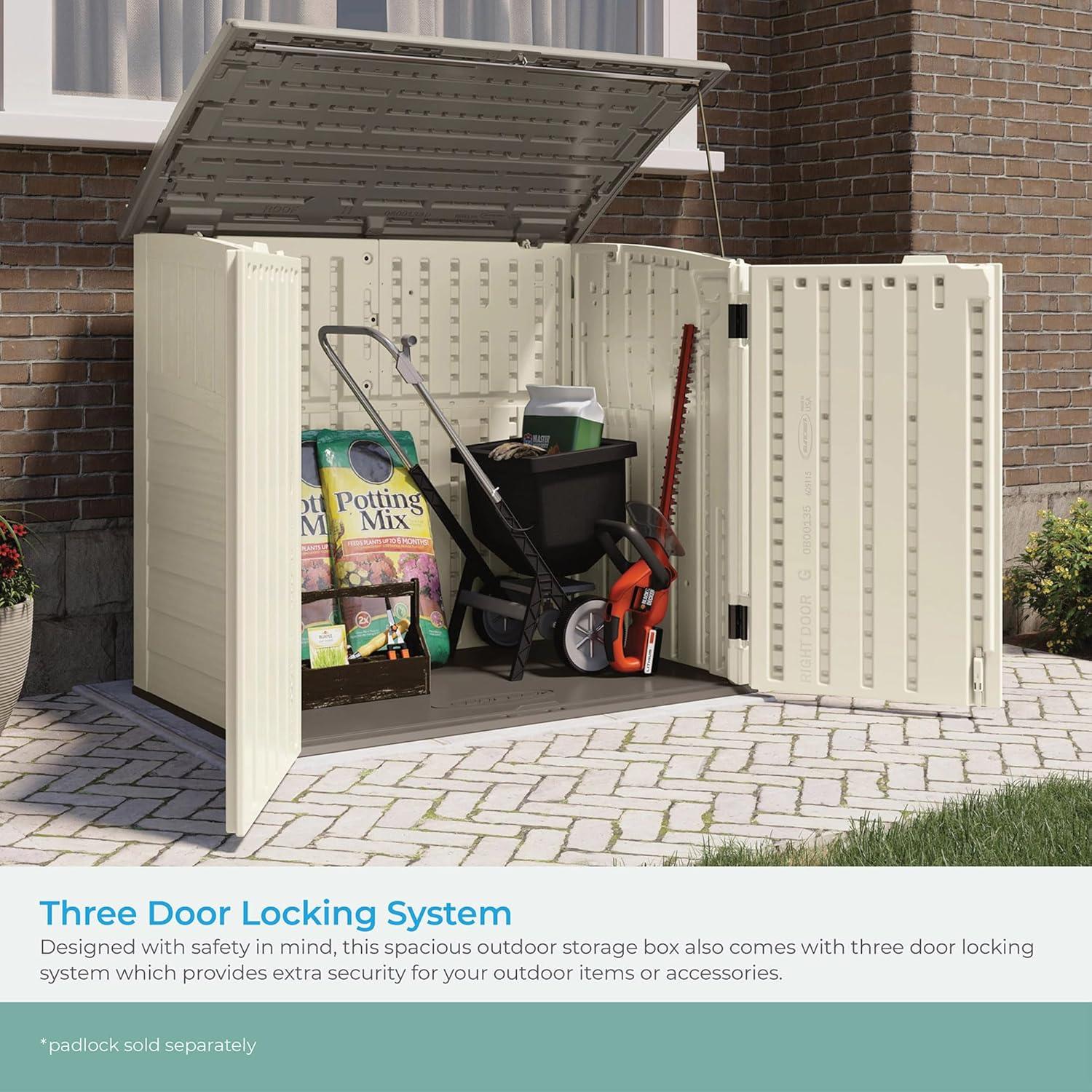 Suncast 34 Cubic Feet Capacity Horizontal Outdoor Storage Shed  for Garbage Cans, Garden Accessories, Backyard, and Patio Use, Vanilla