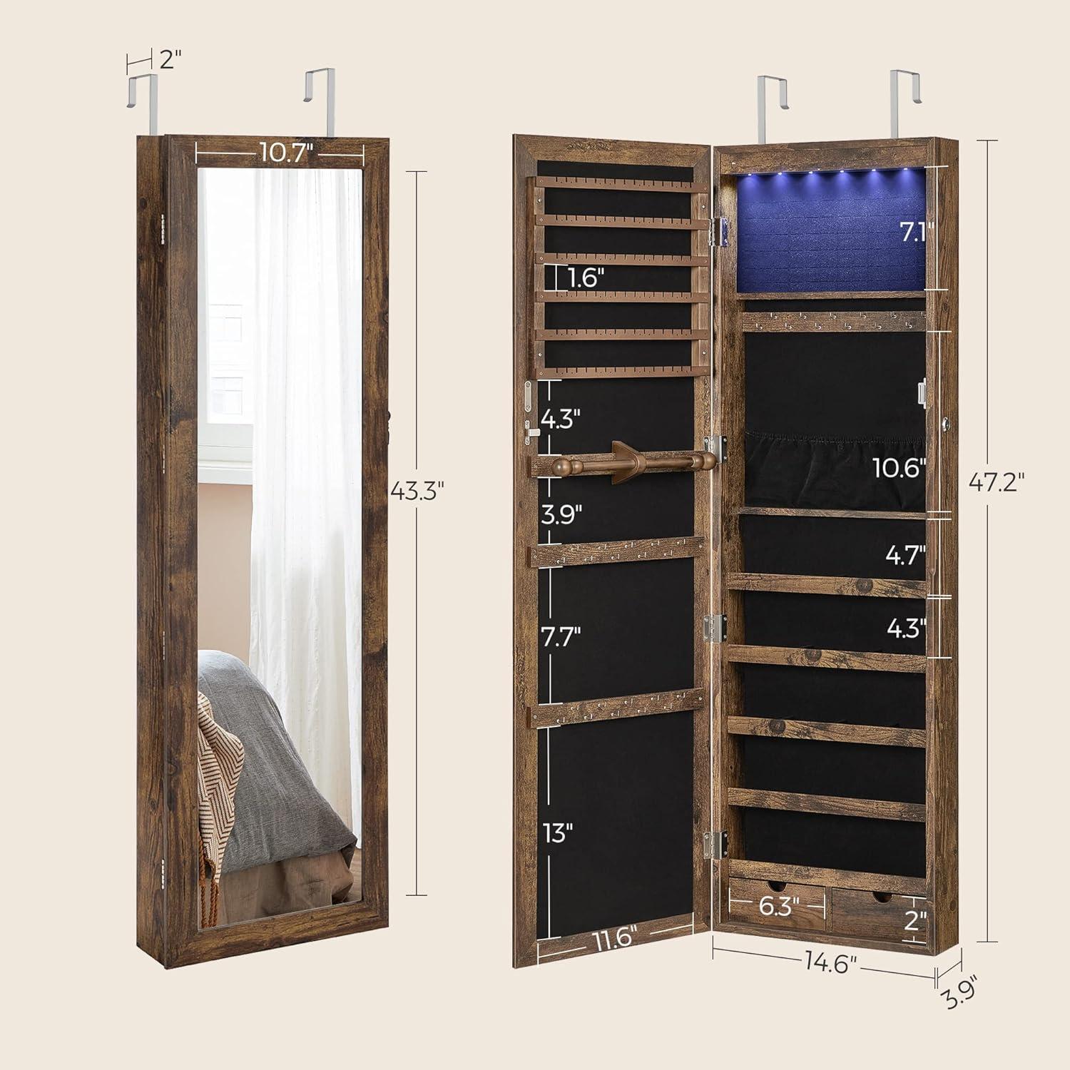 6 LEDs Mirror Jewelry Cabinet Lockable 47.2" H Wall/Door Mounted Jewelry Armoire Organizer Rustic Brown