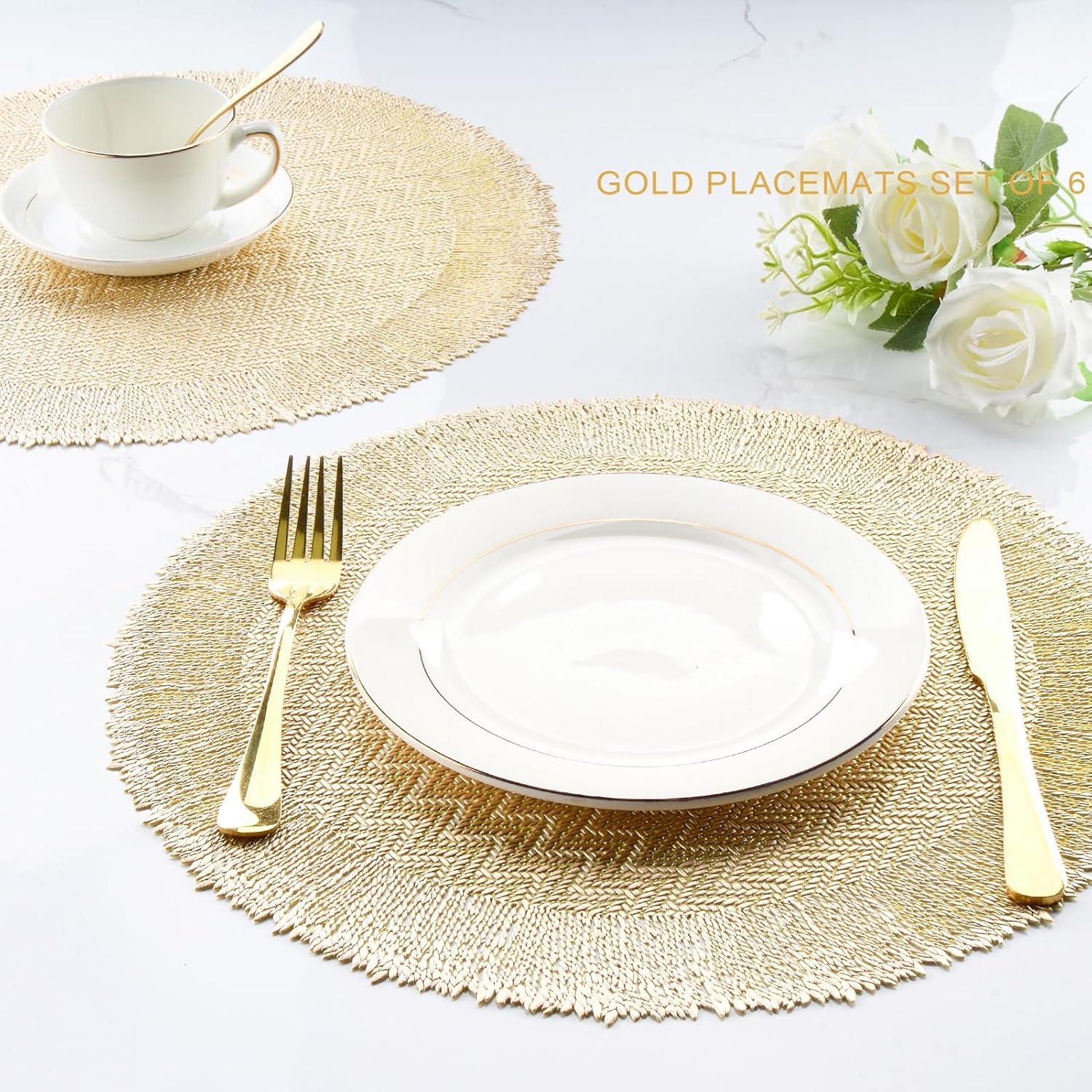 Efavormart 6 Pack 15" Gold Round Woven Vinyl Placemats Non Slip Dining Table Placemats For Wedding Events Birthday Party