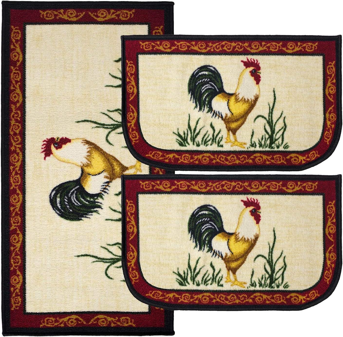 Kashi Home Kitchen Rug, Printed Area Rug, Durable Floor, Door Mat, Farmhouse Non-Slip Carpet Latex Backing Beautiful Design Chef 3pc Set (2 18x30 D Shape & 1 20x40)