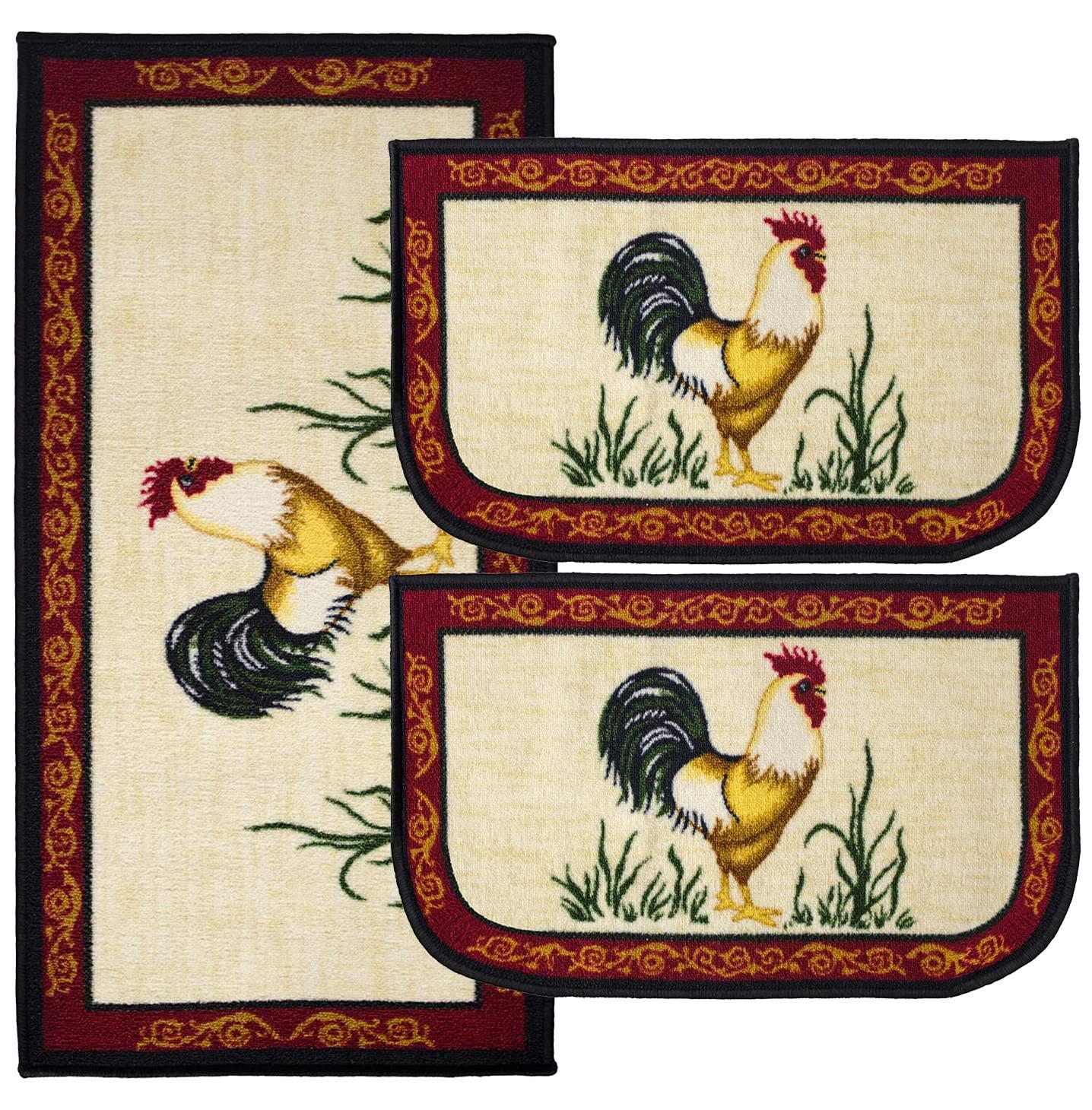 Kashi Home Kitchen Rug, Printed Area Rug, Durable Floor, Door Mat, Farmhouse Non-Slip Carpet Latex Backing Beautiful Design Chef 3pc Set (2 18x30 D Shape & 1 20x40)