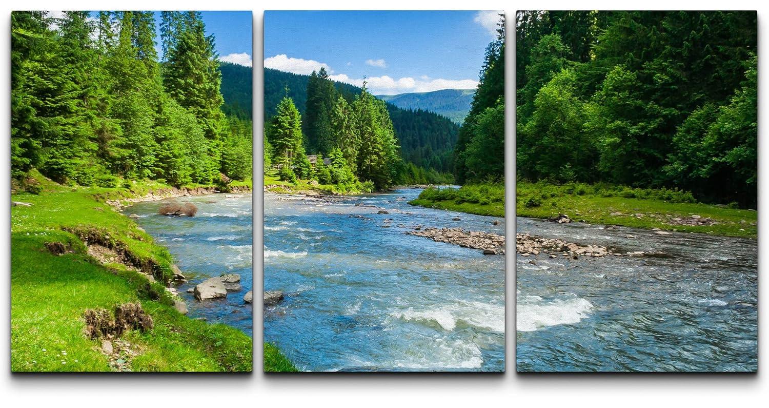 wall26 - 3 Piece Canvas Wall Art - Landscape with Mountains Trees and a River in Front - Modern Home Art Stretched and Framed Ready to Hang - 16"x24"x3 Panels