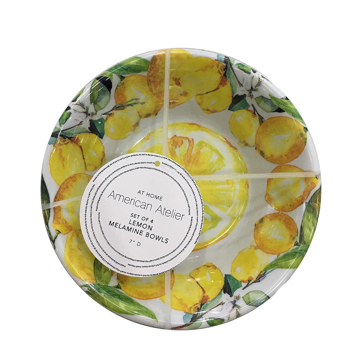 American Atelier Lemon Design Melamine Bowls, 7-Inch, Lightweight and Break-Resistant Pasta Bowls, Set of 4,