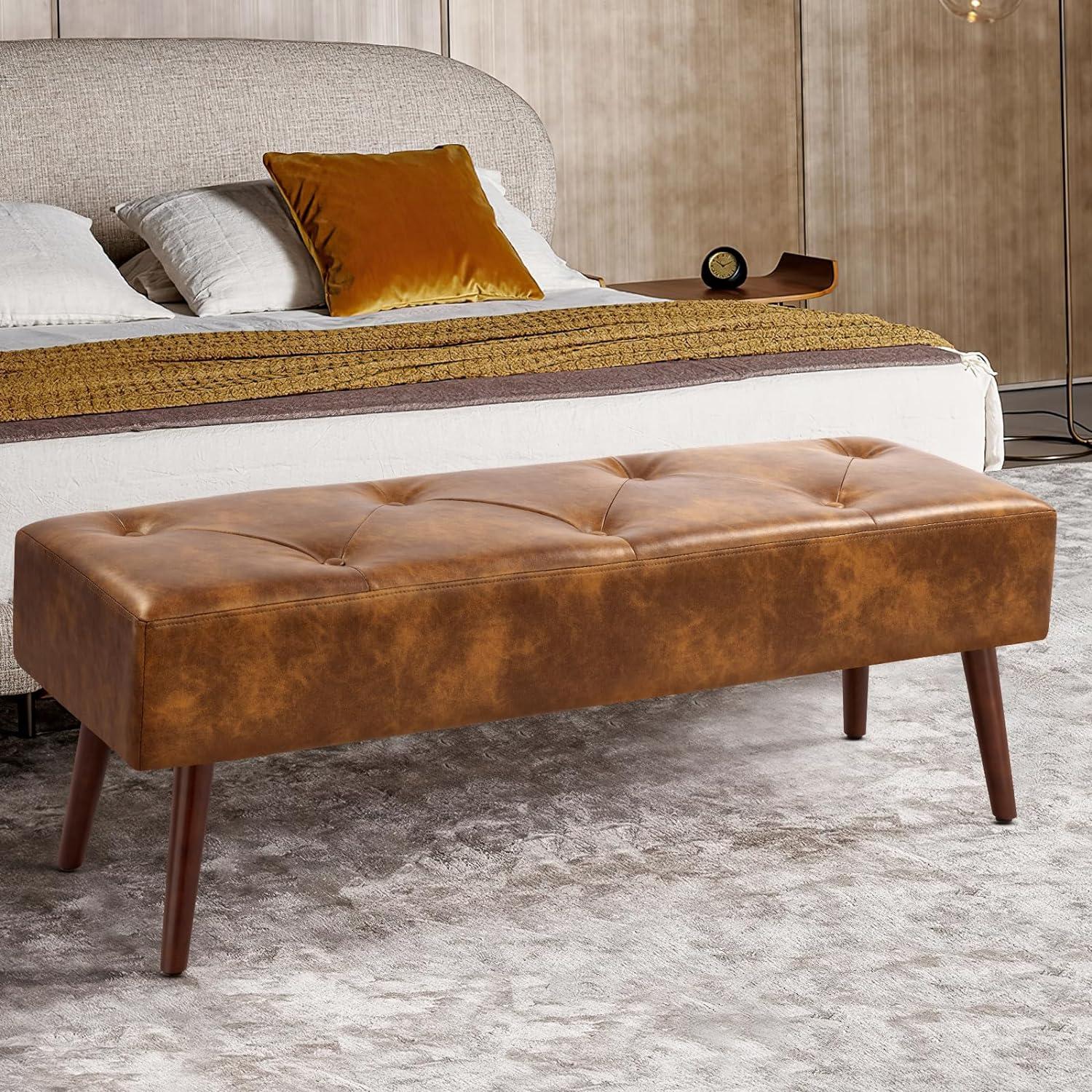 44-Inch Brown Tufted Leather Bench with Tapered Wood Legs