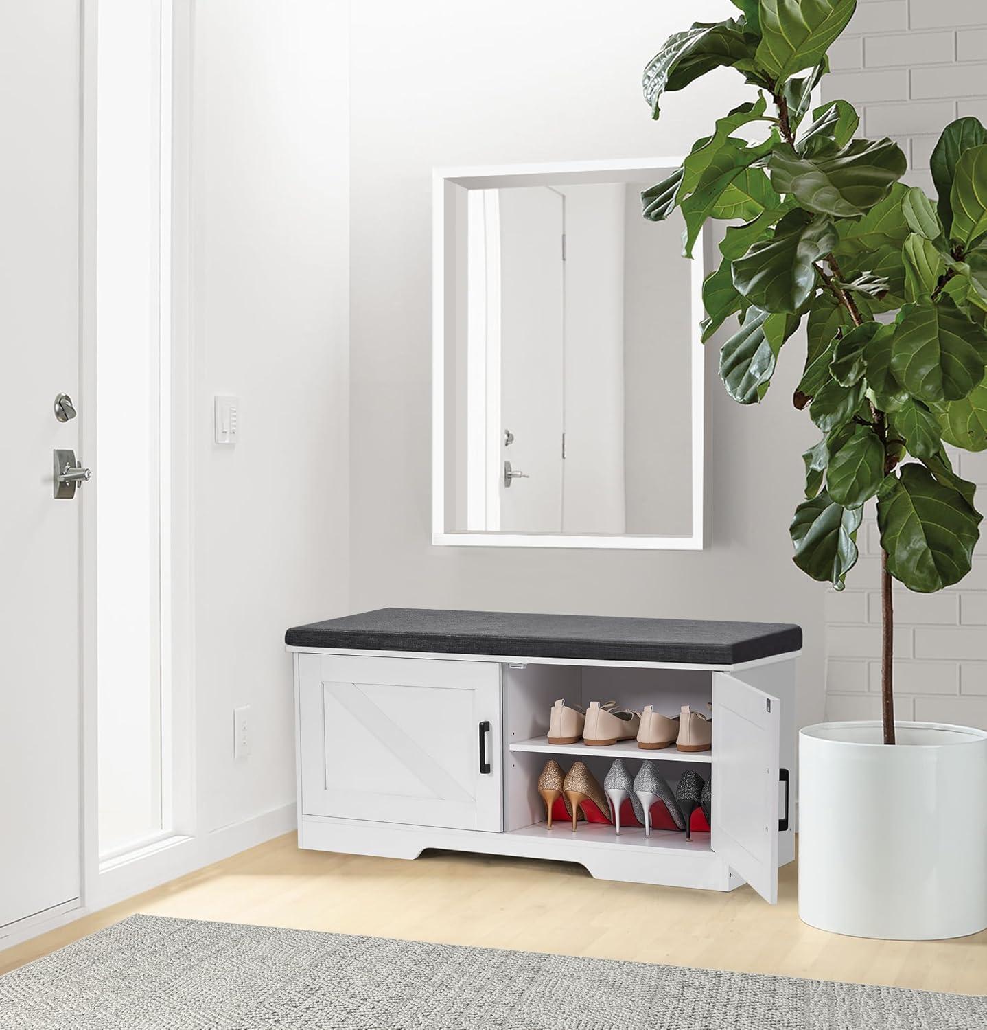Gracie Oaks Gracie Oaks 2 Tier Shoe Storage Bench With Padded Seat Cushion, Entryway Bench With 2 Barn Doors, White, Adjustable Shelf, 13.8" D X 39.4" W X 17.7" H