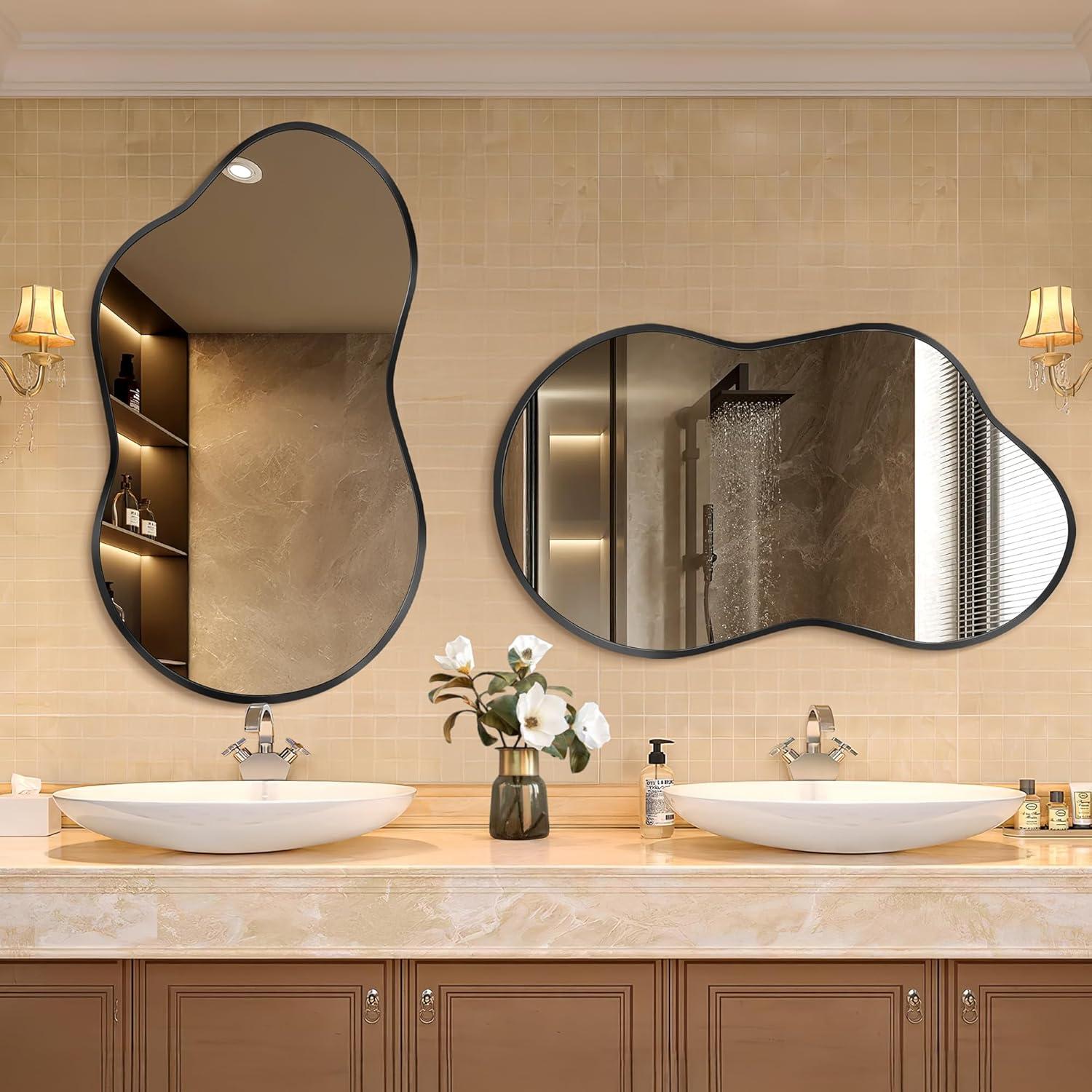 Funtouch Irregular Wall Mirrors 24"x 36" Cloud Shaped Mirrors for Bathroom, Aluminum Alloy Frame Black