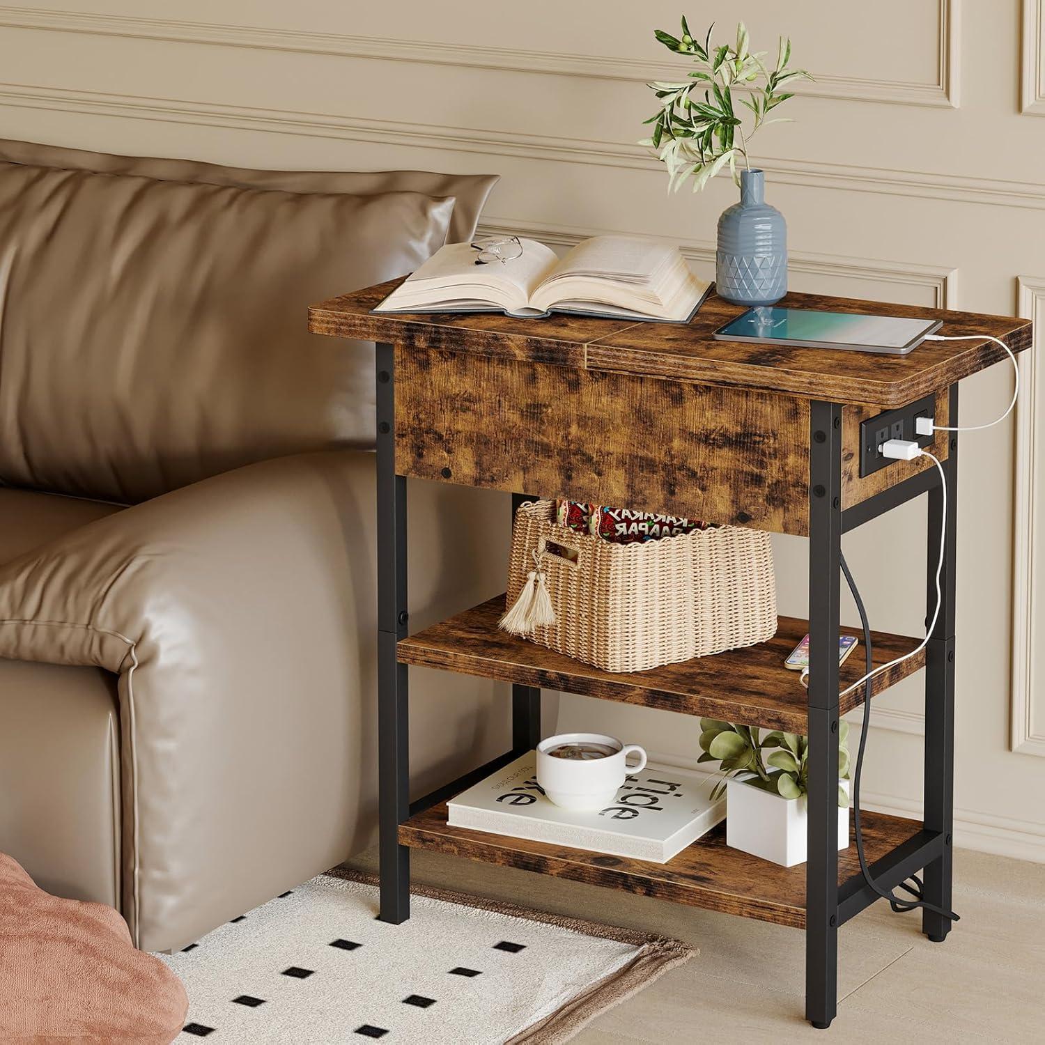 Bedroom table with USB charging port, three-layer storage shelf, and power socket-brown