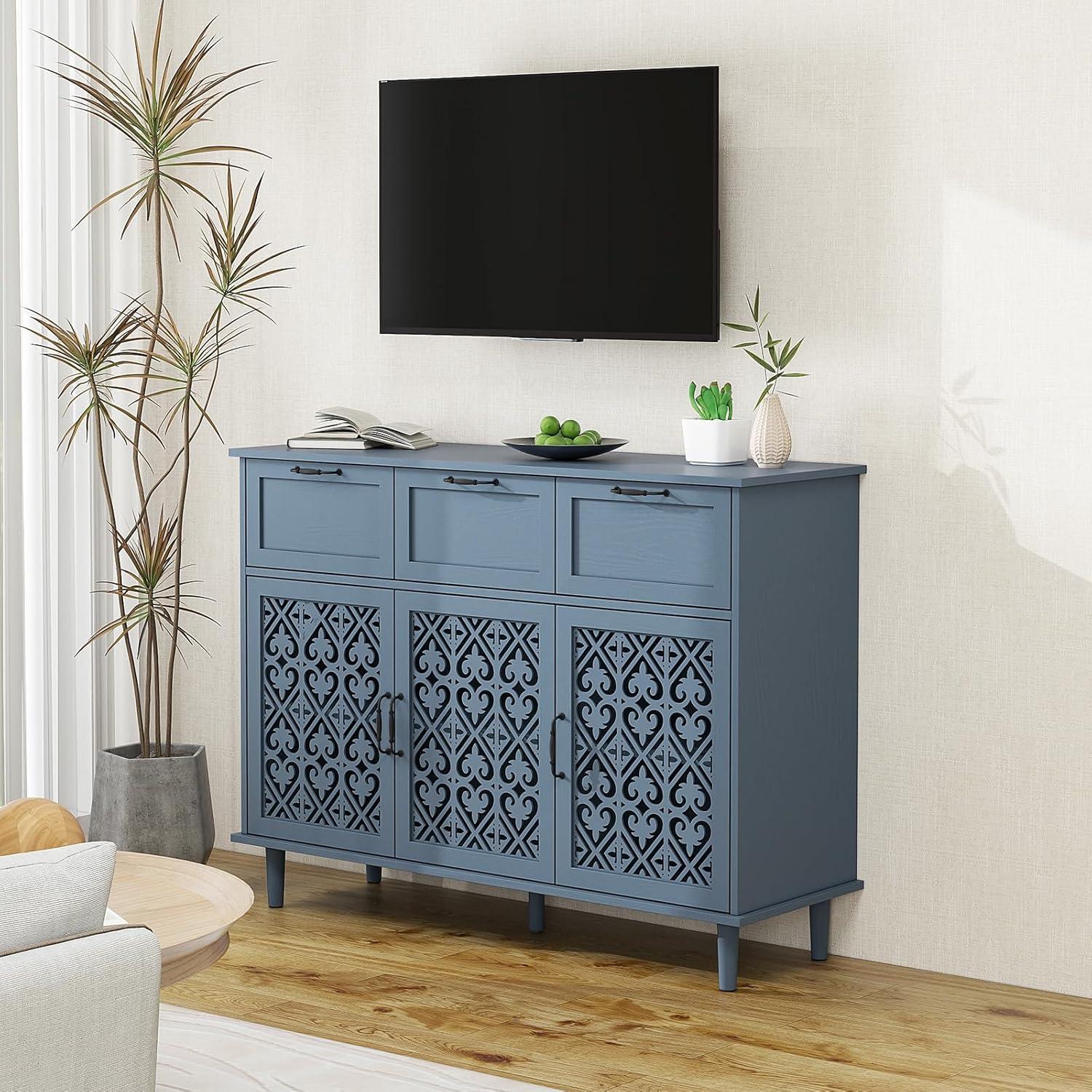 Sideboard Buffet Cabinet with Storage - Accent Storage Cabinet with Hollow Carved Pattern, Modern 2 Door 3 Drawer Cabinet, Farmhouse Wood Credenza for Living Room, Dining Room (Blue)