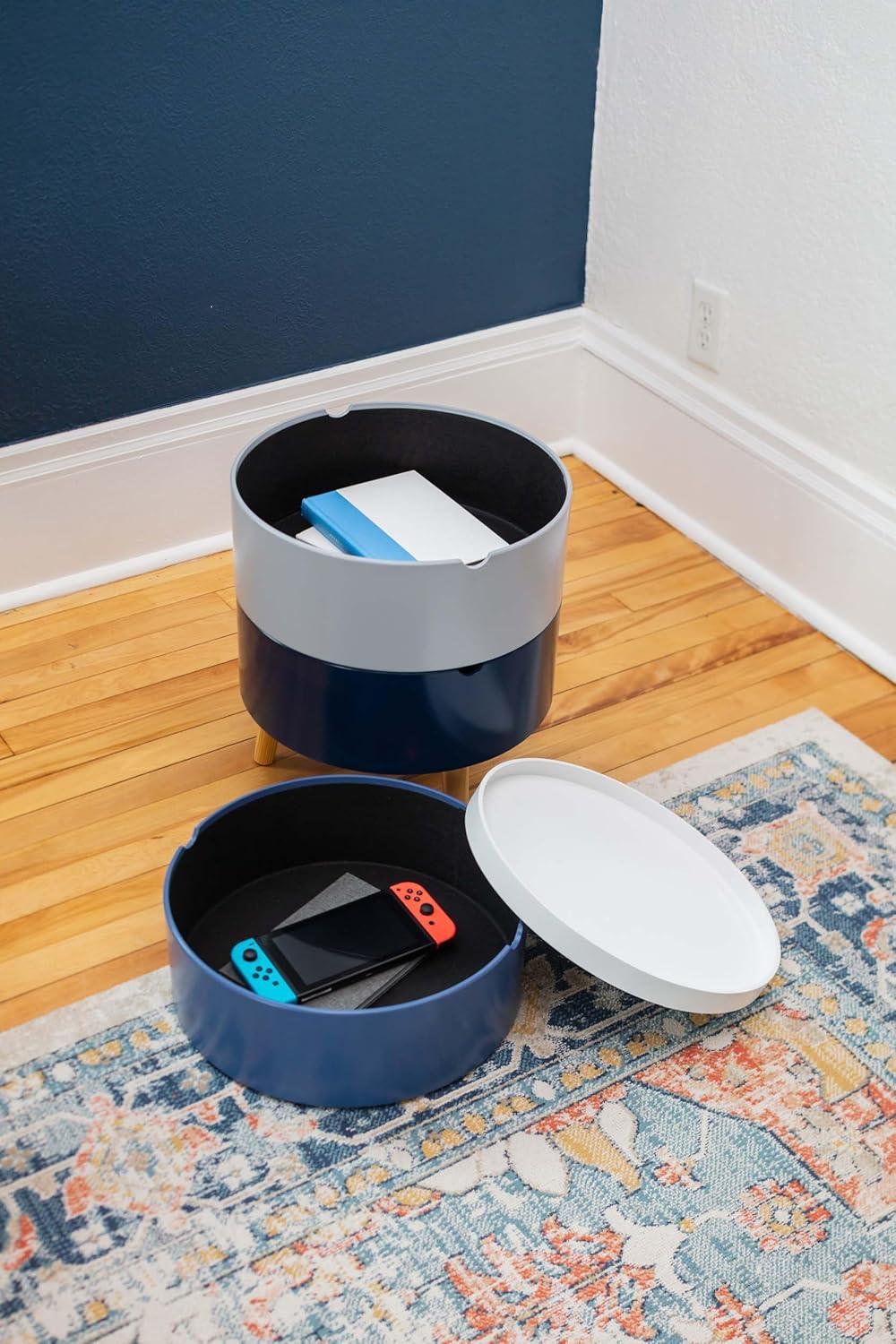 Tray Top End Table With 3-Storage Bin & Natural Wood Legs