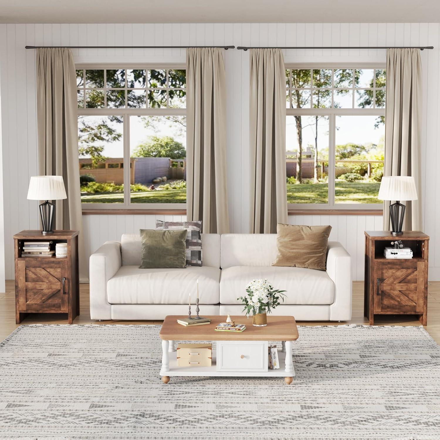 Farmhouse Nightstand, Modern Bedside Table Set of 2 with Barn Door and Shelf, Rustic End Table Side Table for Bedroom, Living Room (White)