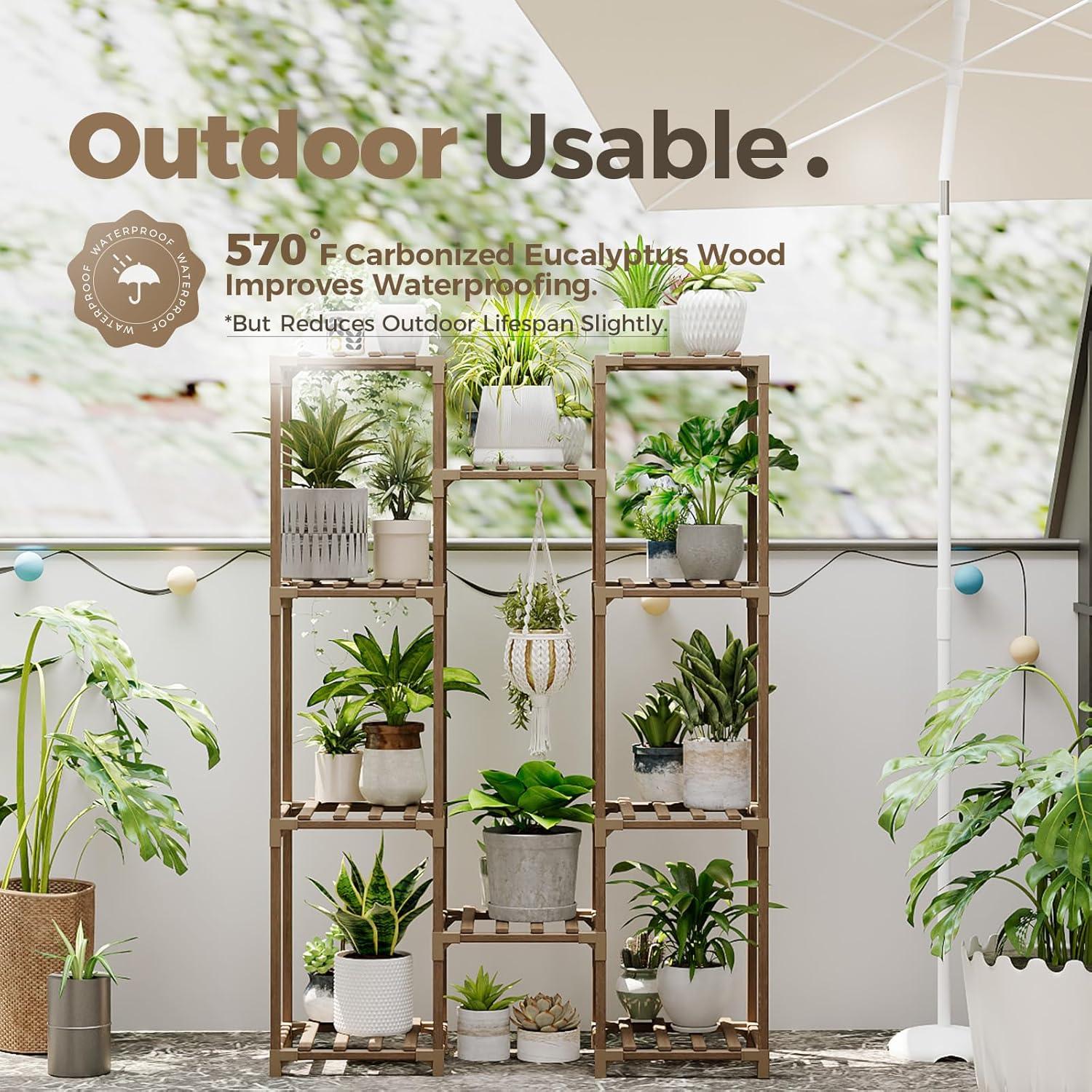 Bamworld Plant Stand Indoor Outdoor Tall Plant Shelf for Multiple Plants Pots Wood Flower Stand Large Flower Holder for Living Room, Patio, Balcony, Garden Decor, Brown