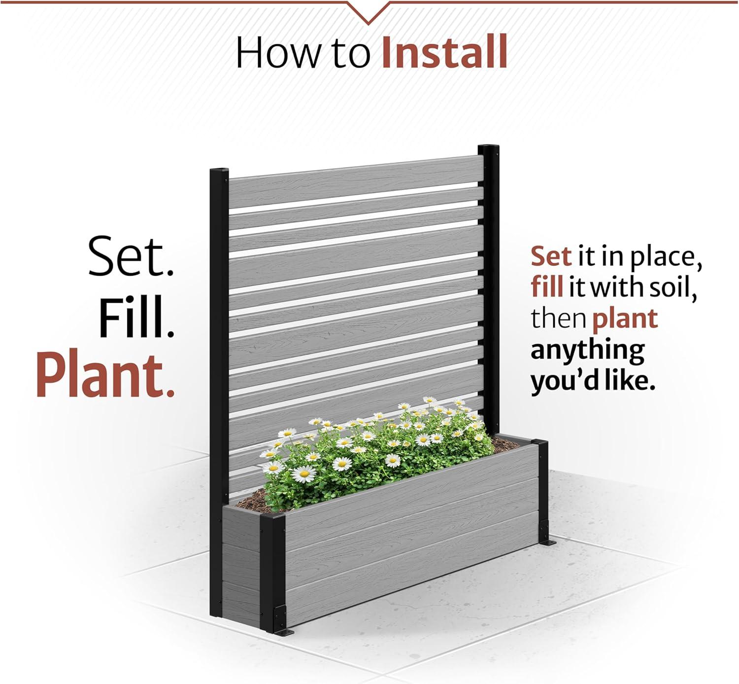 44in H x 46in W x 9.5in L (1 Screen w/ Planter) Freestanding Enclo Florence Ash Color Privacy Fence Screen with Planter Box, Outdoor Vinyl Privacy Screen Panel for Patio & Air Conditioner, EC18007