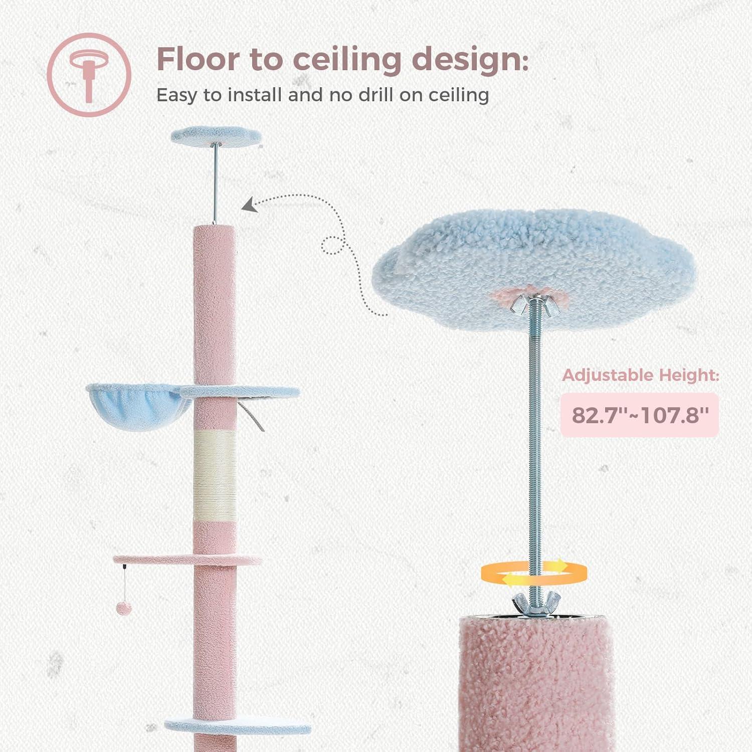 Adjustable Height Floor To Ceiling 5-Tier Tall Cat Tree Tower For Indoor Cats With Cat Condo, Cat Scratching Post And Cat Ladder
