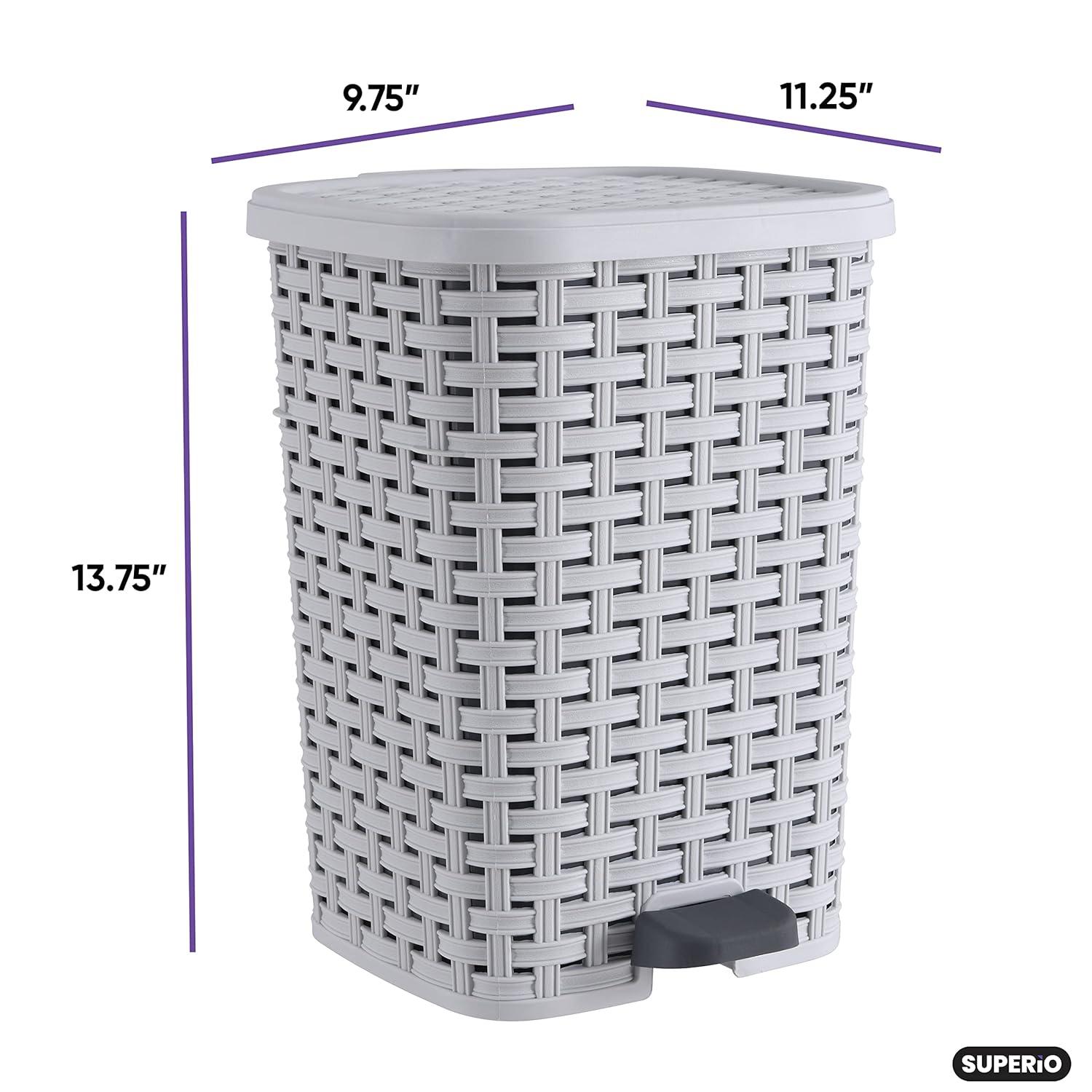 Superio Wicker Style Step-On Trash Can – 3.1 Gallon, White Smoke