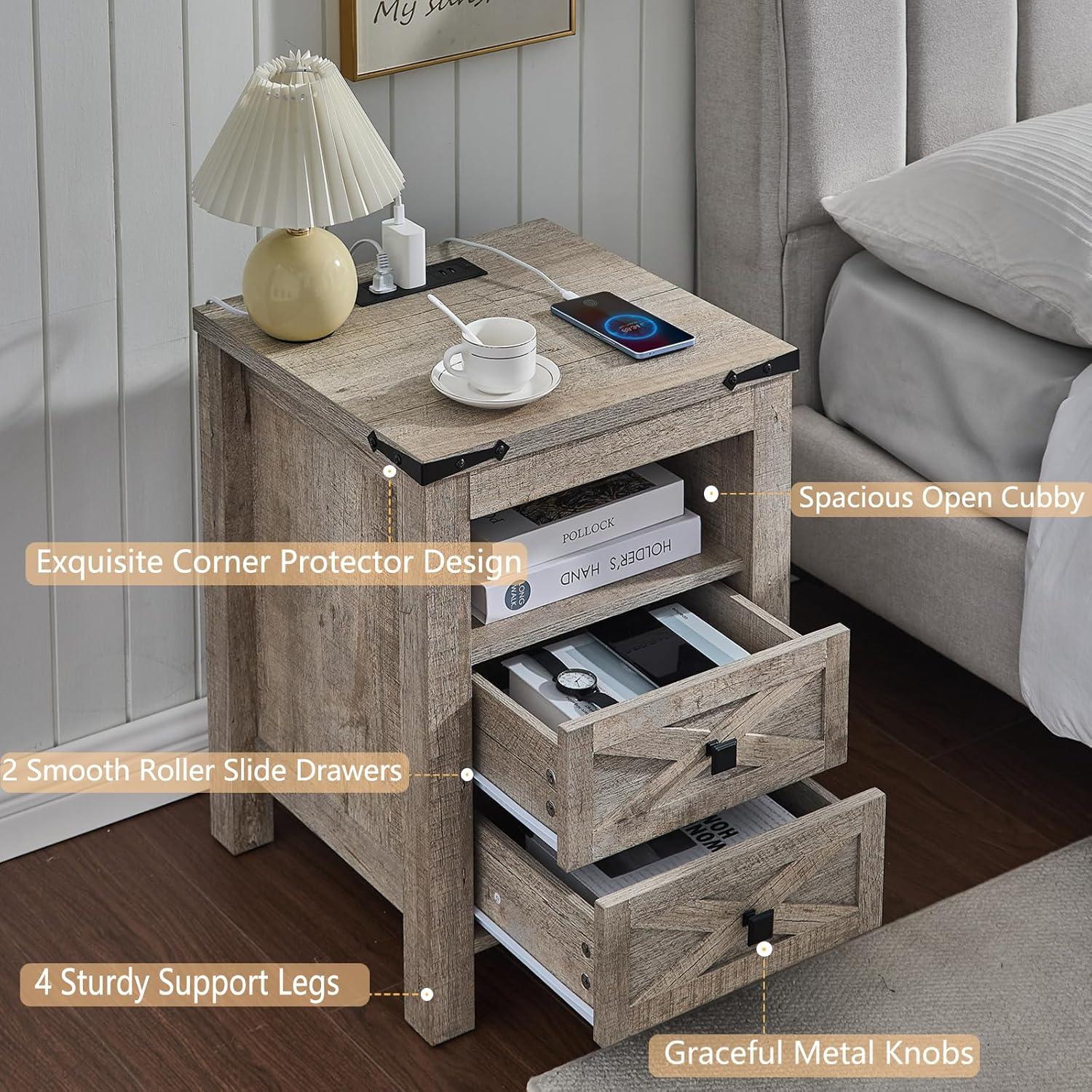 Farmhouse Nightstand wtih Charging Station, 18" End Table Side Table with 2 Drawers for Bedroom, Living Room, Gray