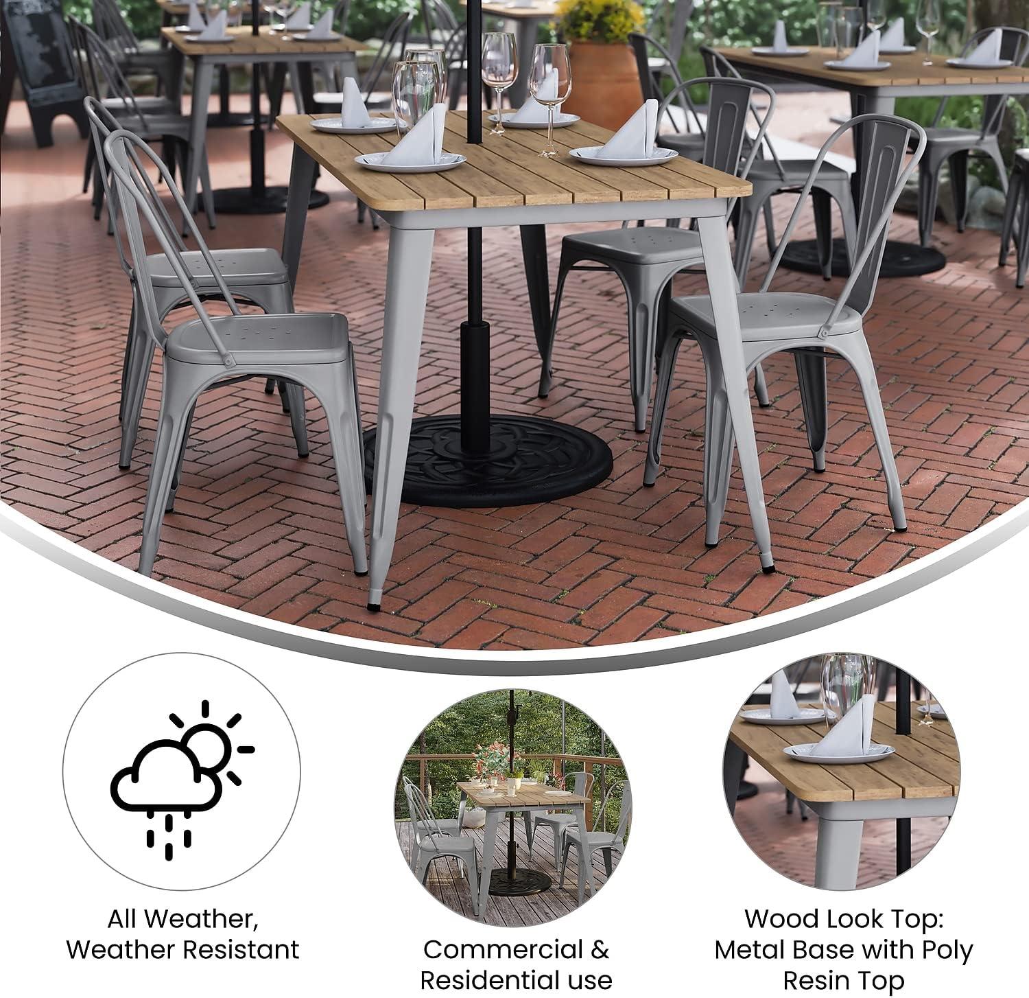 Flash Furniture Declan Commercial Indoor/Outdoor Dining Table with Umbrella Hole, 30" x 60" All Weather Brown Poly Resin Top and Silver Steel Base