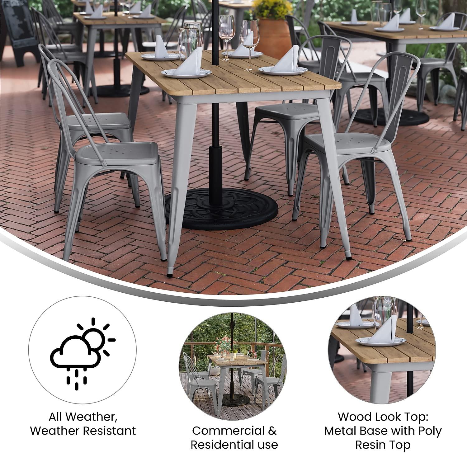 Flash Furniture Declan Commercial Indoor/Outdoor Dining Table with Umbrella Hole, 30" x 60" All Weather Brown Poly Resin Top and Silver Steel Base