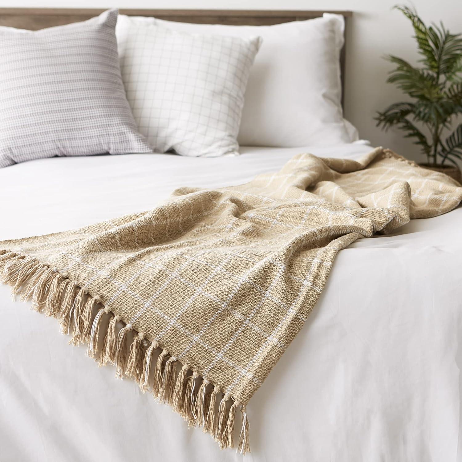 Vintage Linen Checked Plaid Throw