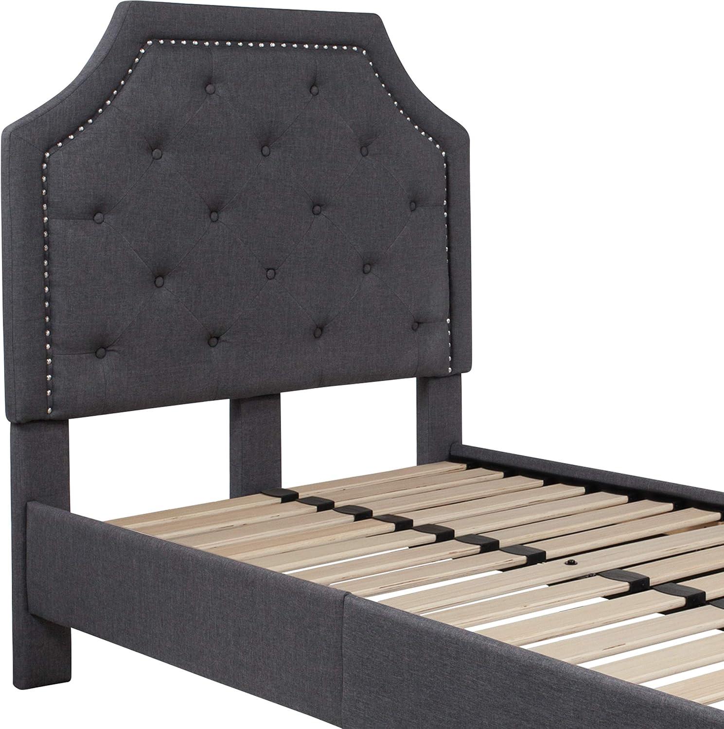 Dark Gray Twin Upholstered Platform Bed with Nailhead Trim