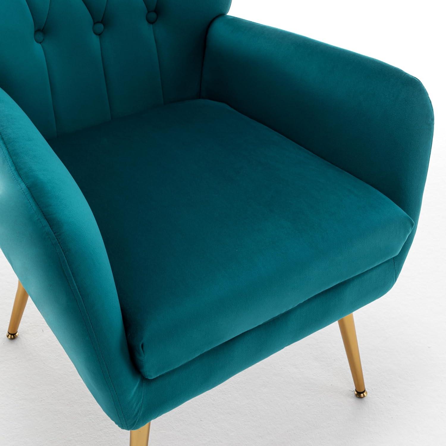 Modern Chic Mid-Century Velvet Accent Armchair for Living Room, Bedroom, or Home Office, Button-Tufted Wingback Design with Gold Flared Legs, Dark Teal