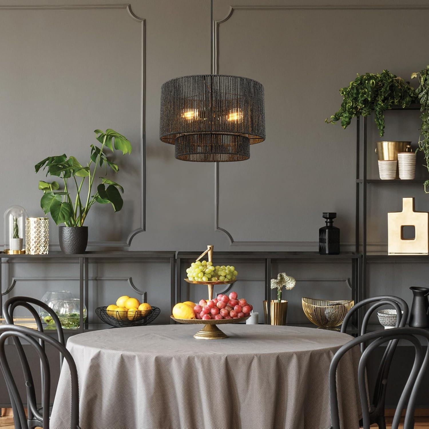 Matte Black Metal Drum Pendant Light with Paper Shade