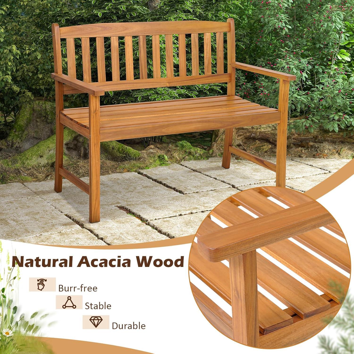 GVN 2-Person Outdoor Acacia Wood Bench with Backrest, Comfortable Outdoor Seating with Resistant Finish