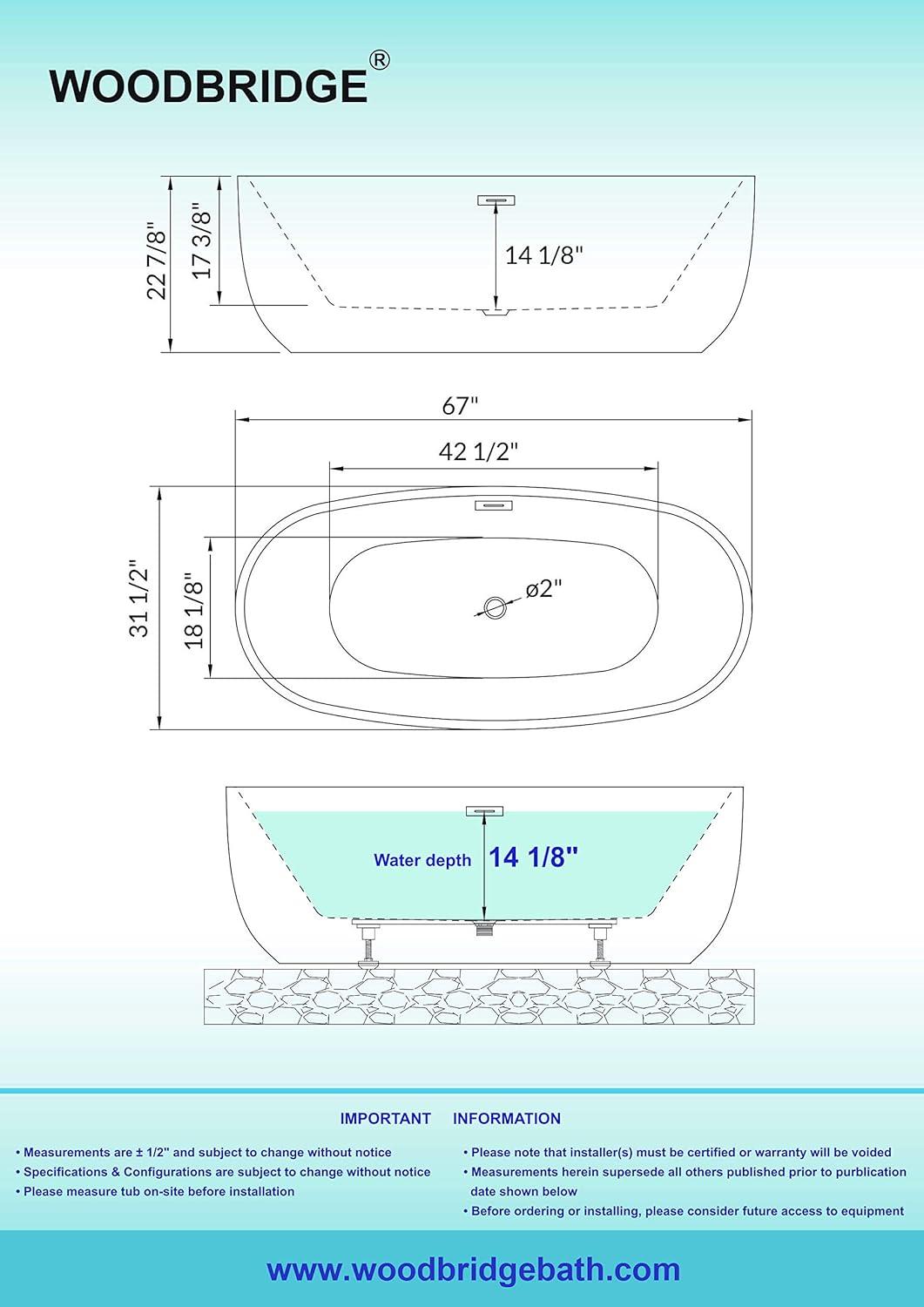 WOODBRIDGE 71" Acrylic Freestanding Bathtub Contemporary Soaking Tub, White Acrylic,Brushed Gold Drain/Overflow