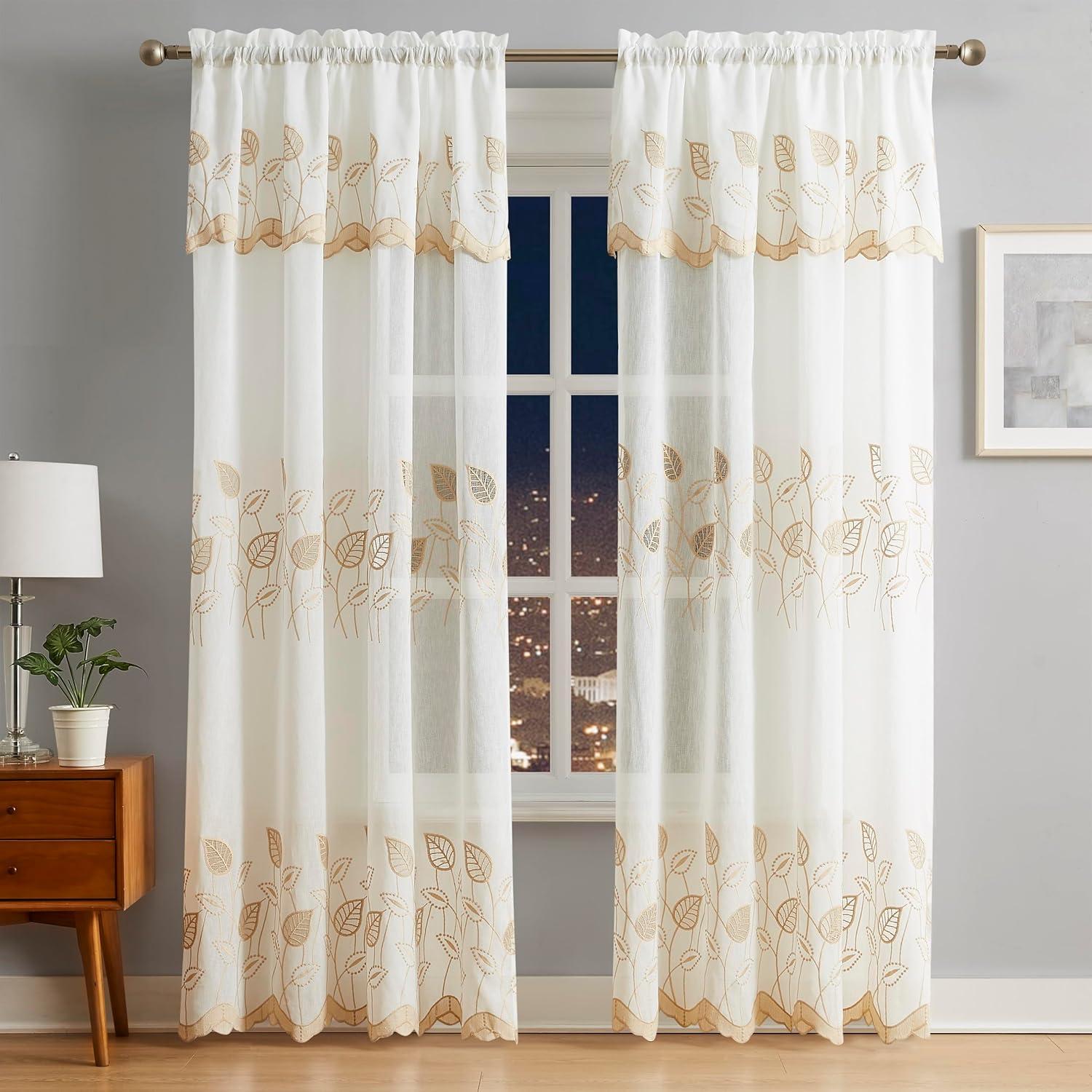 Gold Leaf Embroidered Linen Sheer Valance Curtains