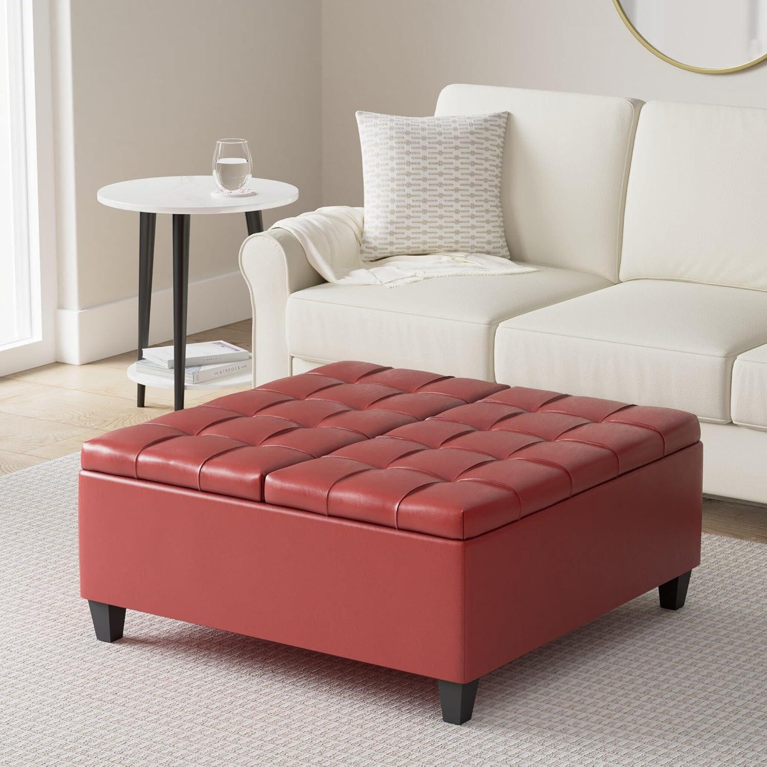 Simpli Home Harrison 36"W Upholstered Square Coffee Table Storage Ottoman with Split Lift Top